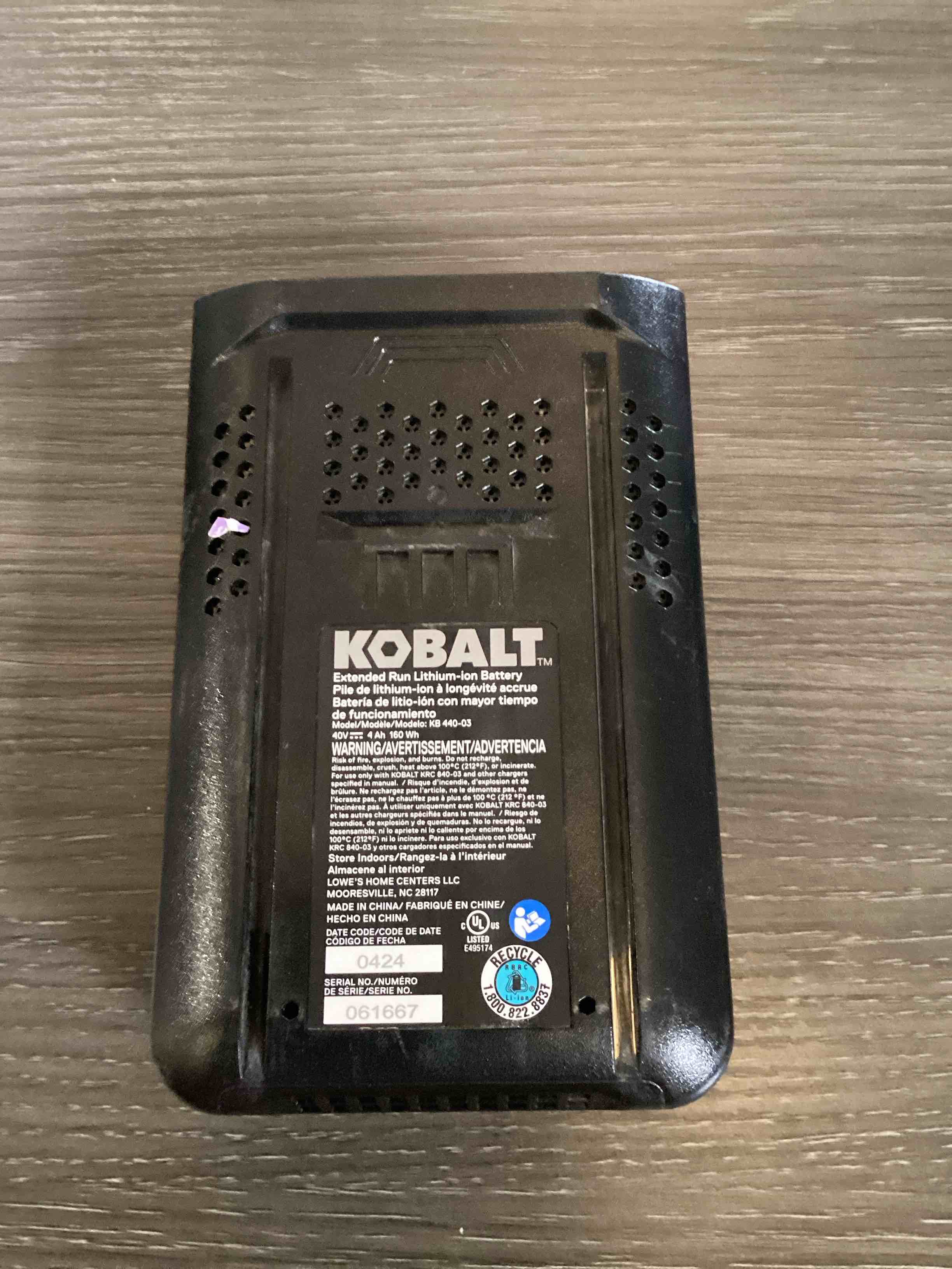 Condition photo showing As Is for kobalt extended run lithium-ion battery
