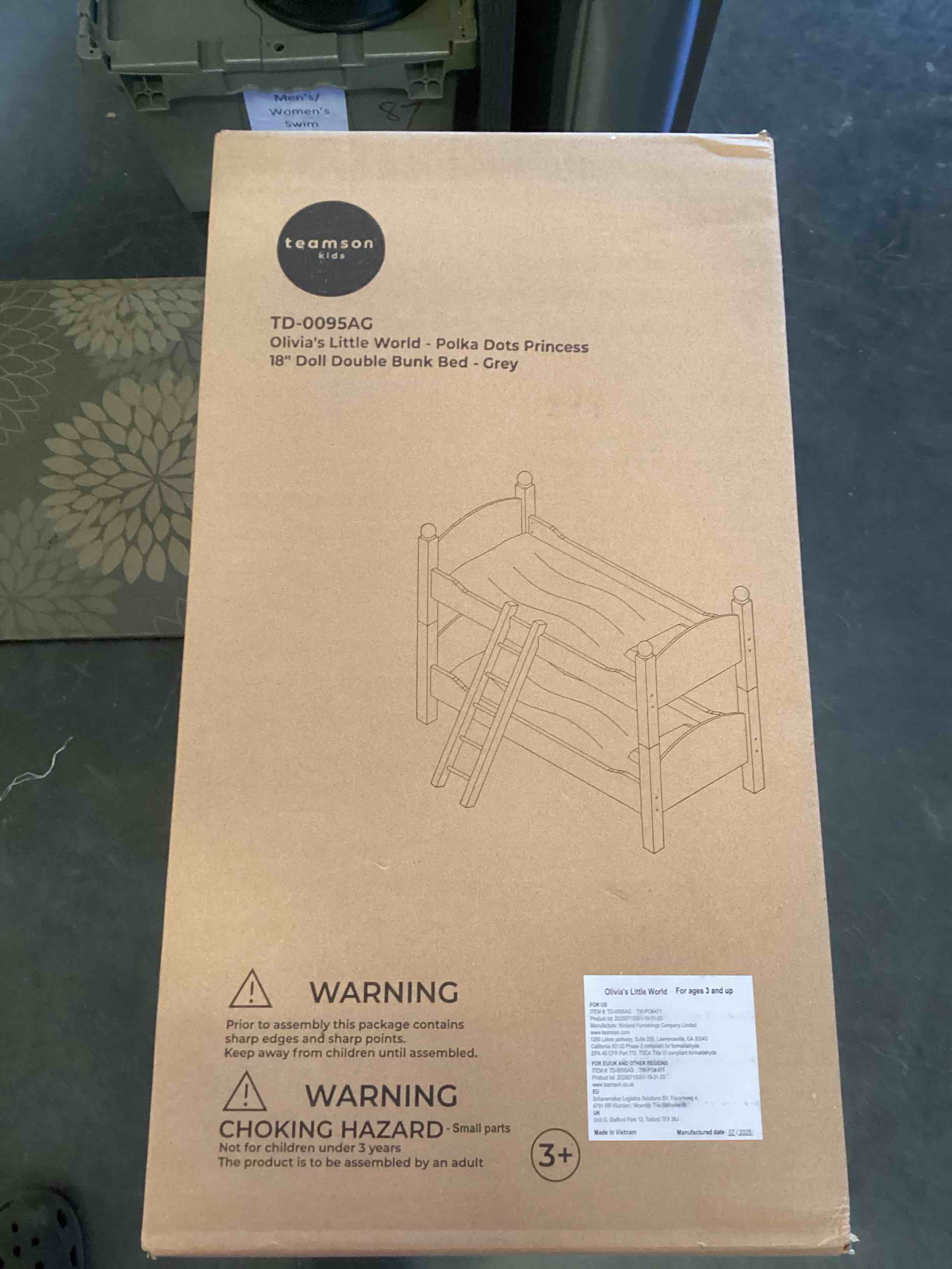 Condition photo showing New/Like New for olivia's little world 18 in. doll wooden convertible bunk bed stacked on top or unstacked as two single beds, gray with white polka dots and pink accents grey bunk bed