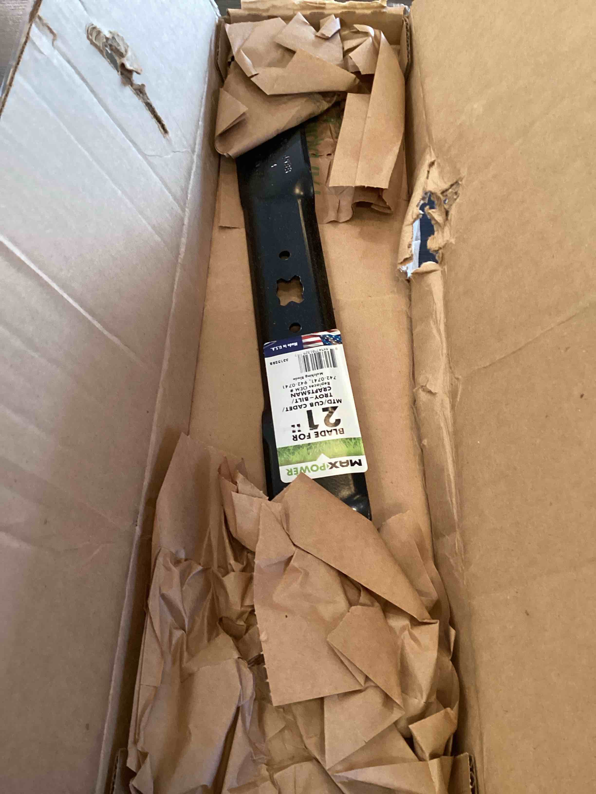 Condition photo showing Good Condition for maxpower mulching blade for 21 in. cut mtd, cub cadet, troy-bilt, craftsman mowers replaces oem #'s 942-0741, 742-0741