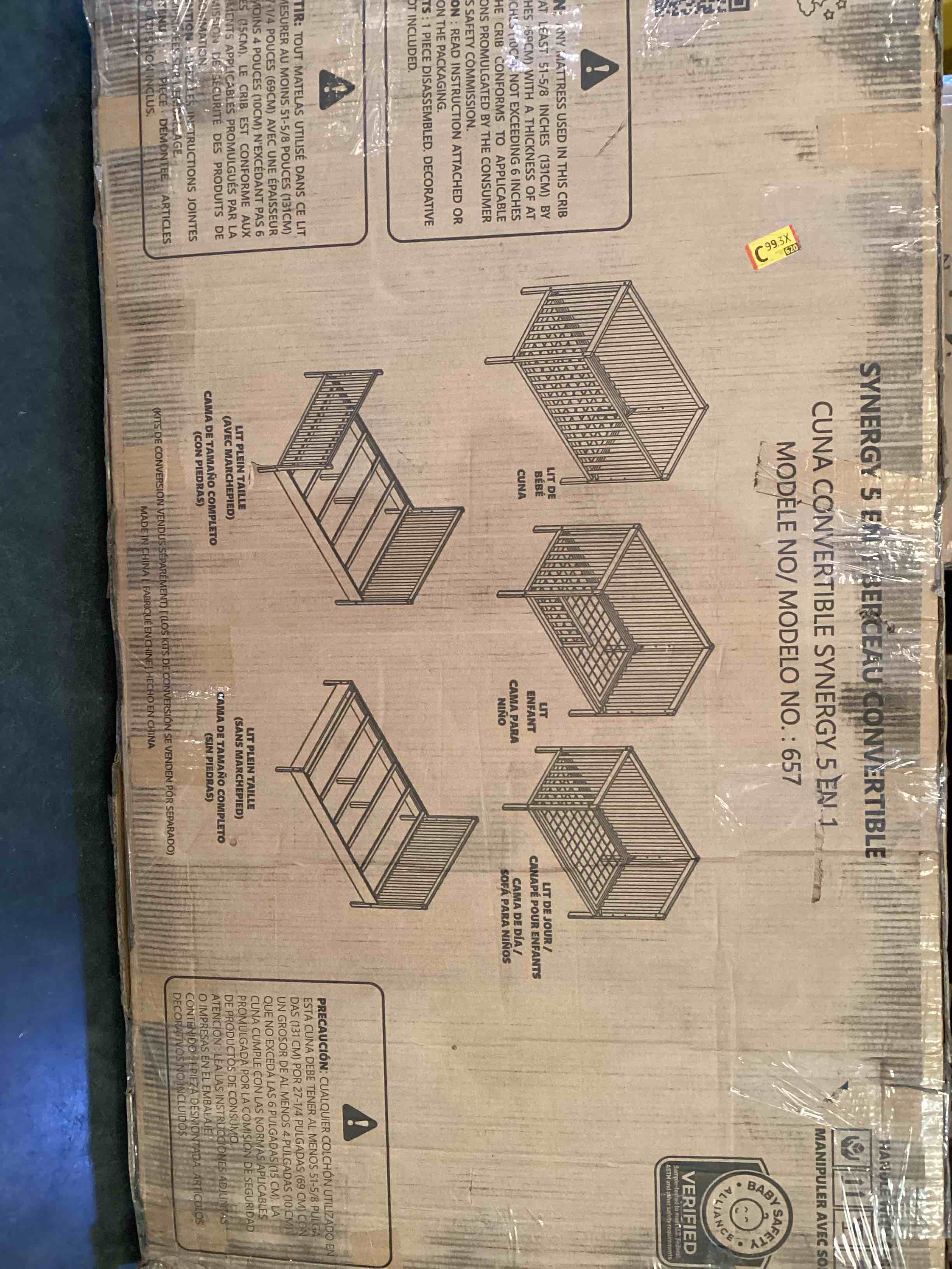 Condition photo showing As Is for dream on me synergy 5-in-1 convertible full-size baby crib with toddler, day & full bed conversion in white, greenguard gold & bsa, 3 mattress heights, sustainable pinewood white synergy