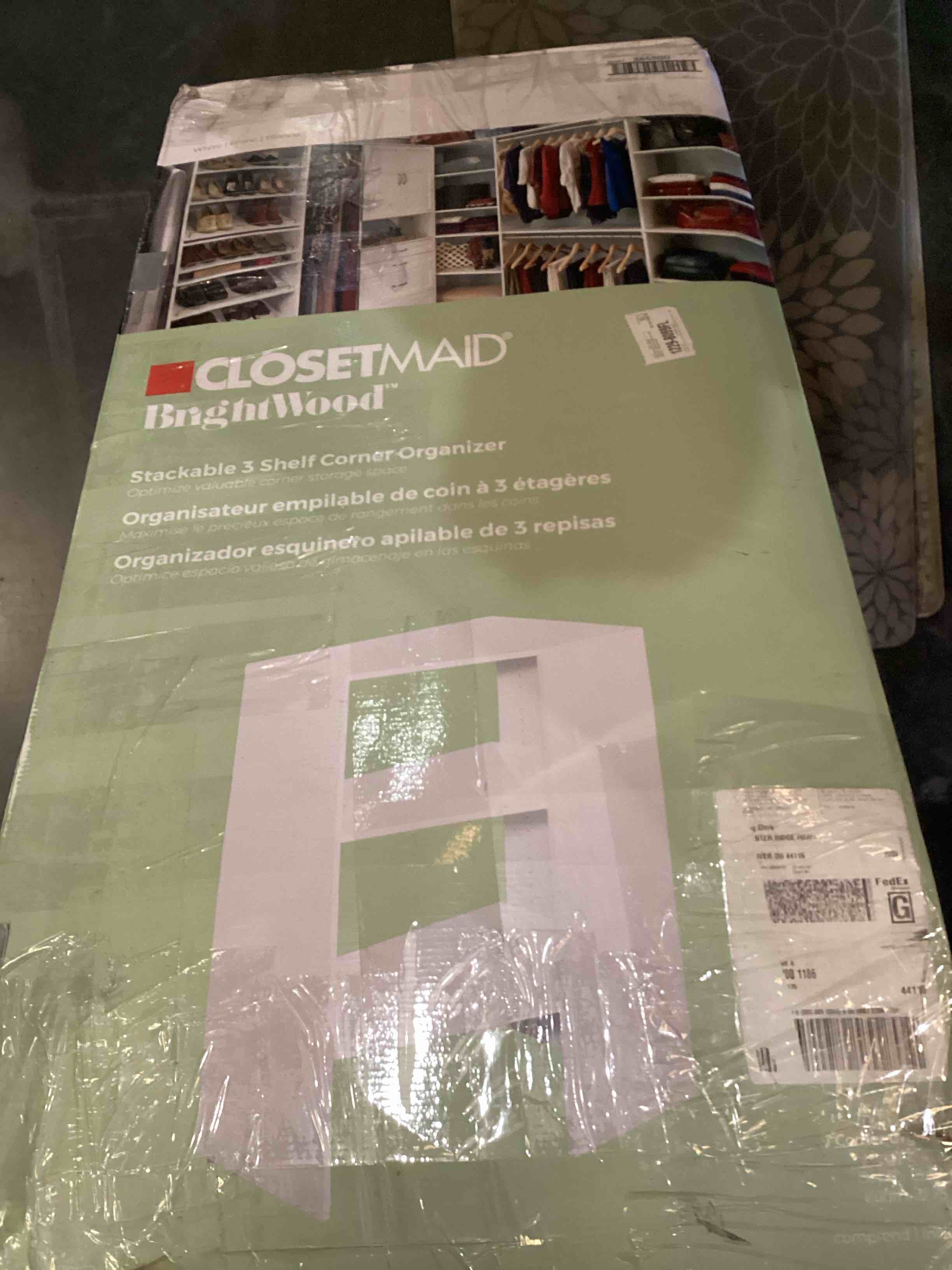 Condition photo showing As Is for closetmaid brightwood stackable 3 shelf corner organizer, white, may be incomplete
