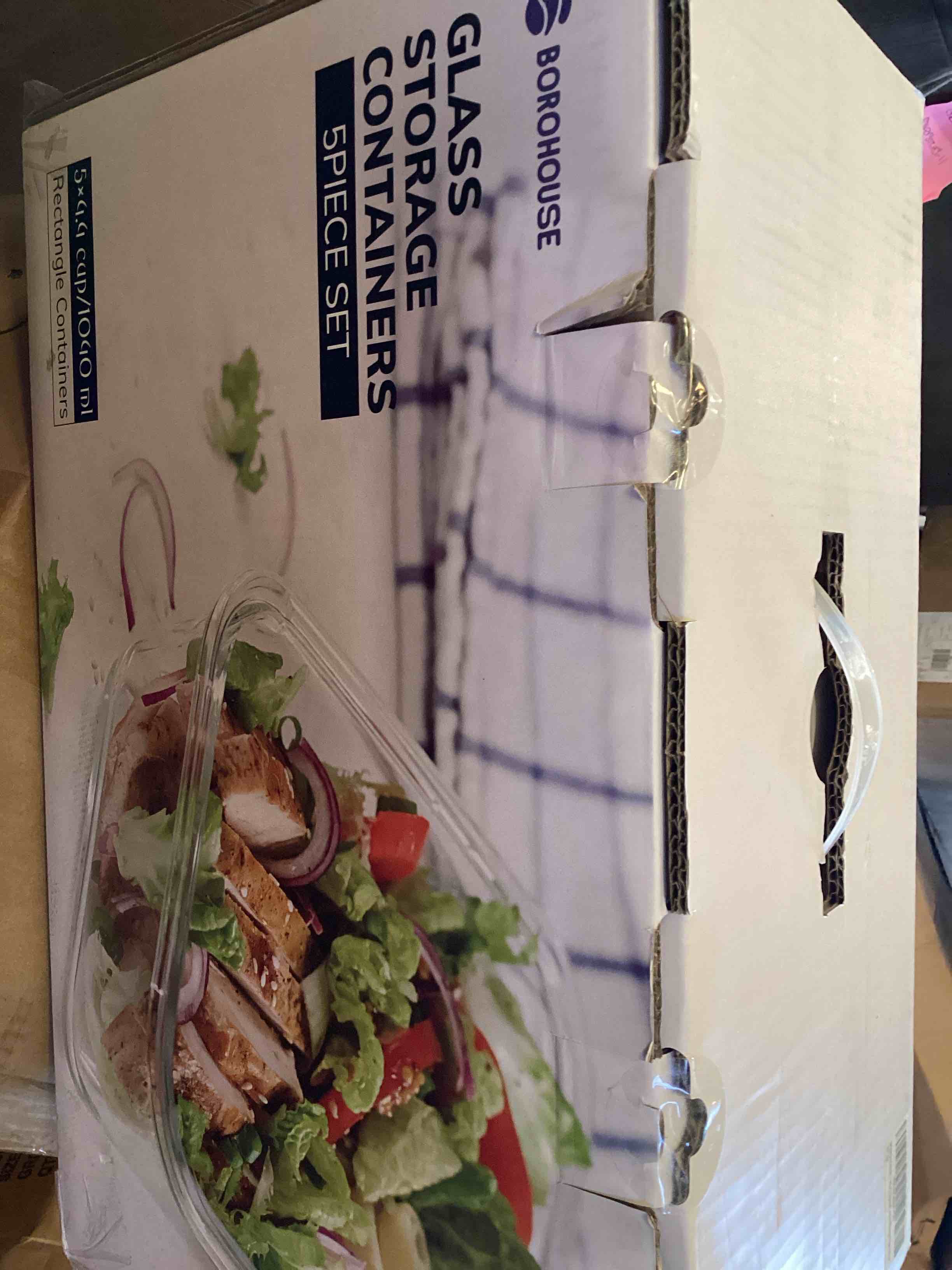 Condition photo showing As Is for borohouse 5-pack borosilicate glass containers with tempered lids, 35.2oz/4.4 cup airtight meal prep set, microwave/freezer safe (blue) tempered lids blue 4.4 cup*5