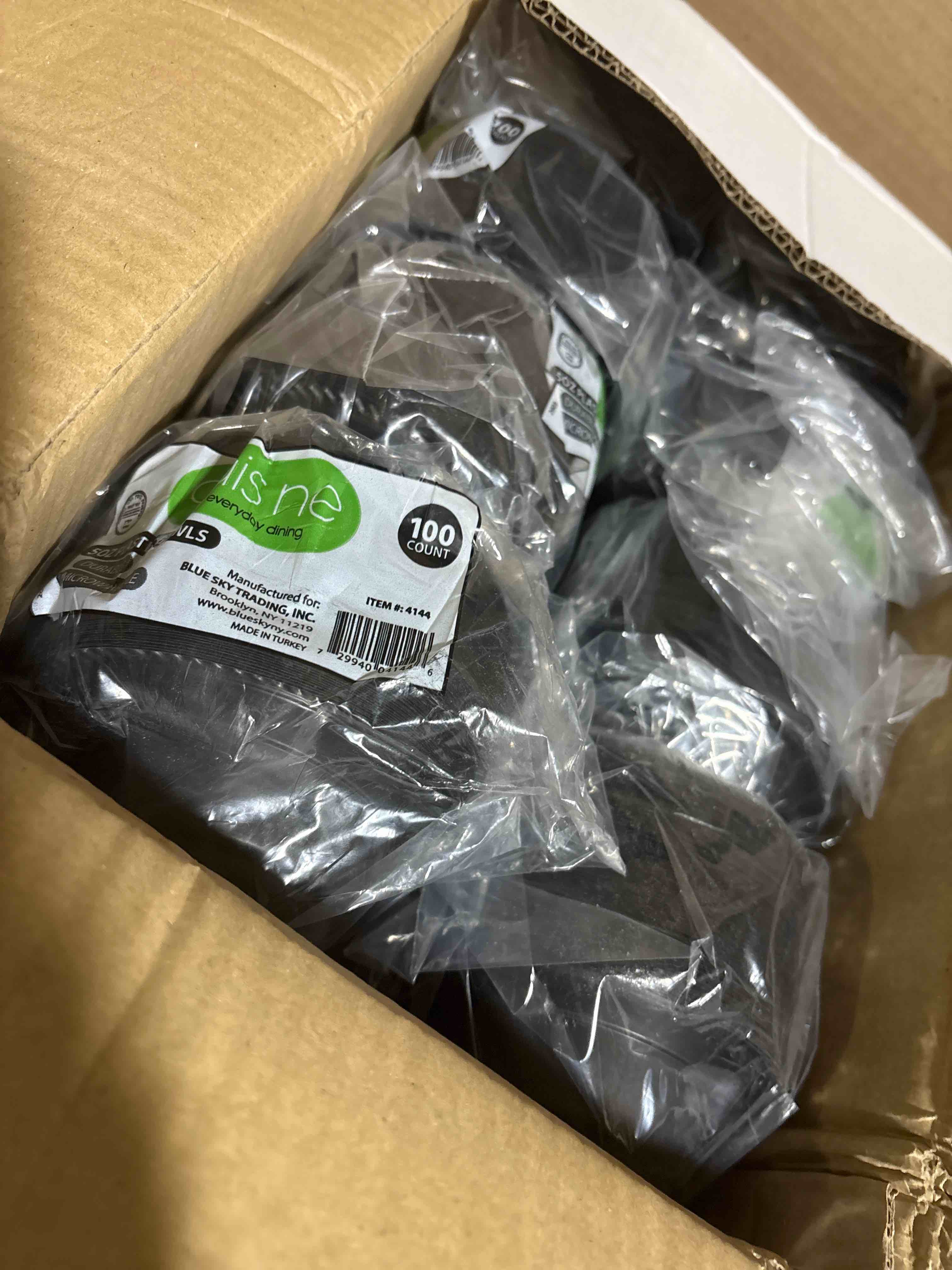 Condition photo showing New/Like New for plasticpro 100 pcs black plastic bowls light weight 5 oz small plastic soup bowls black salad dessert plates disposable for party and wedding