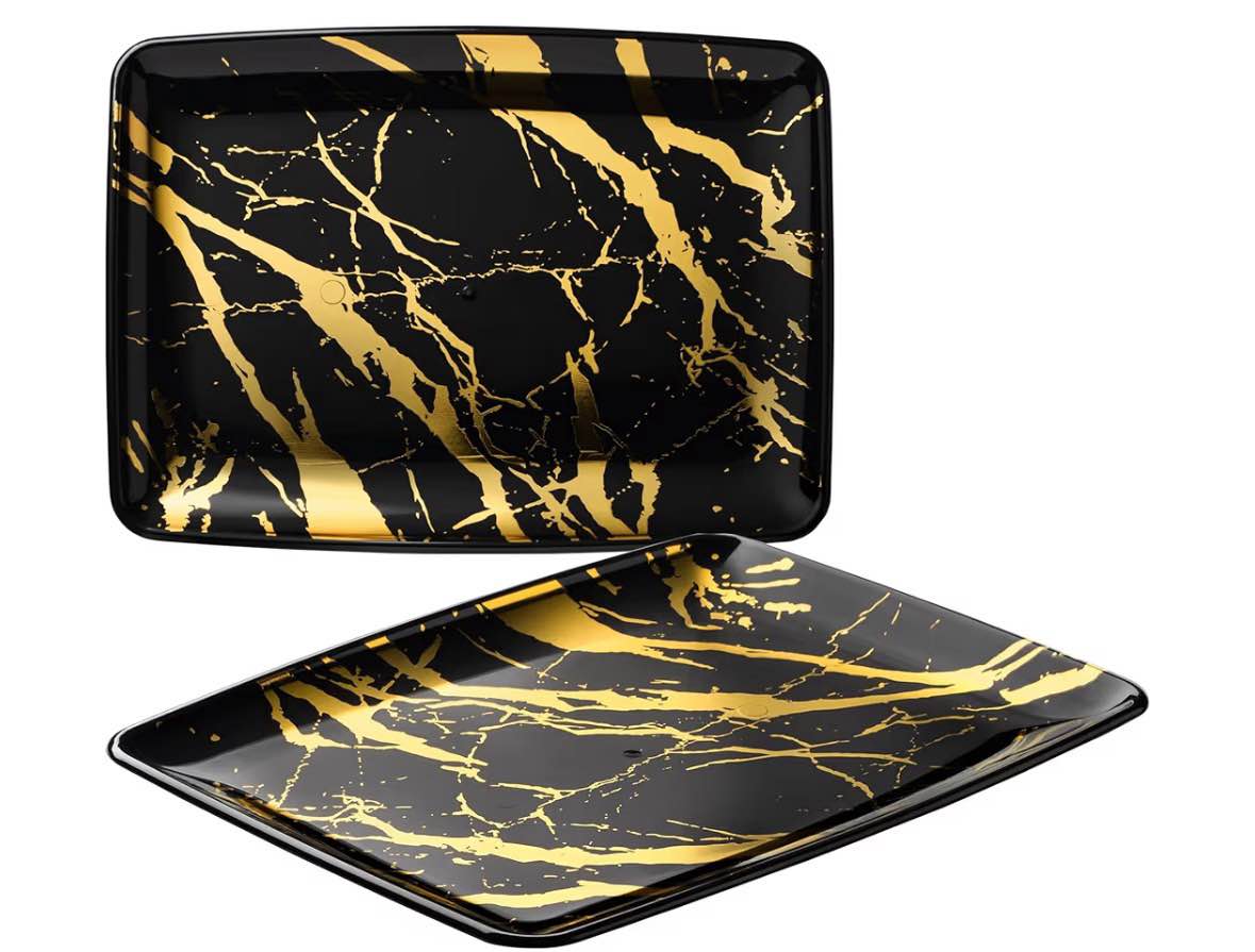 box of elegant marble collection rectangular plastic serving trays, black/gold