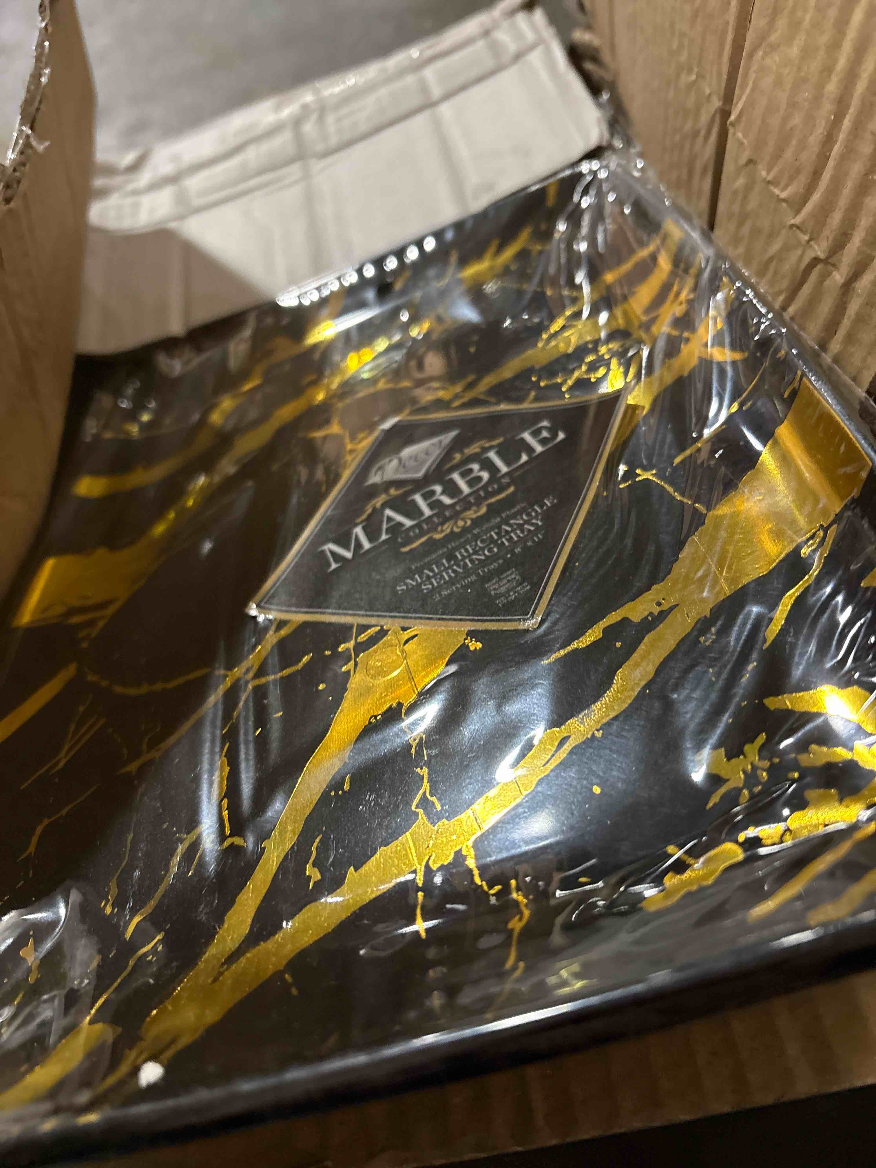 Condition photo showing New/Like New for box of elegant marble collection rectangular plastic serving trays, black/gold