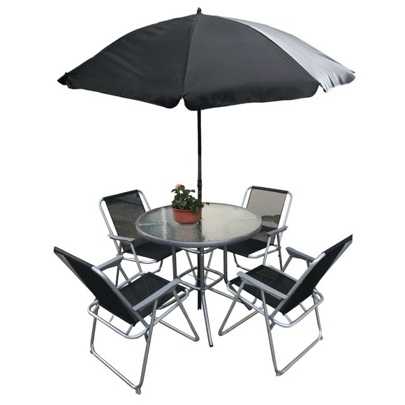 ae116 gray outdoor garden glass table furniture set with chairs & umbrella - pack of 2 - 6 piece
