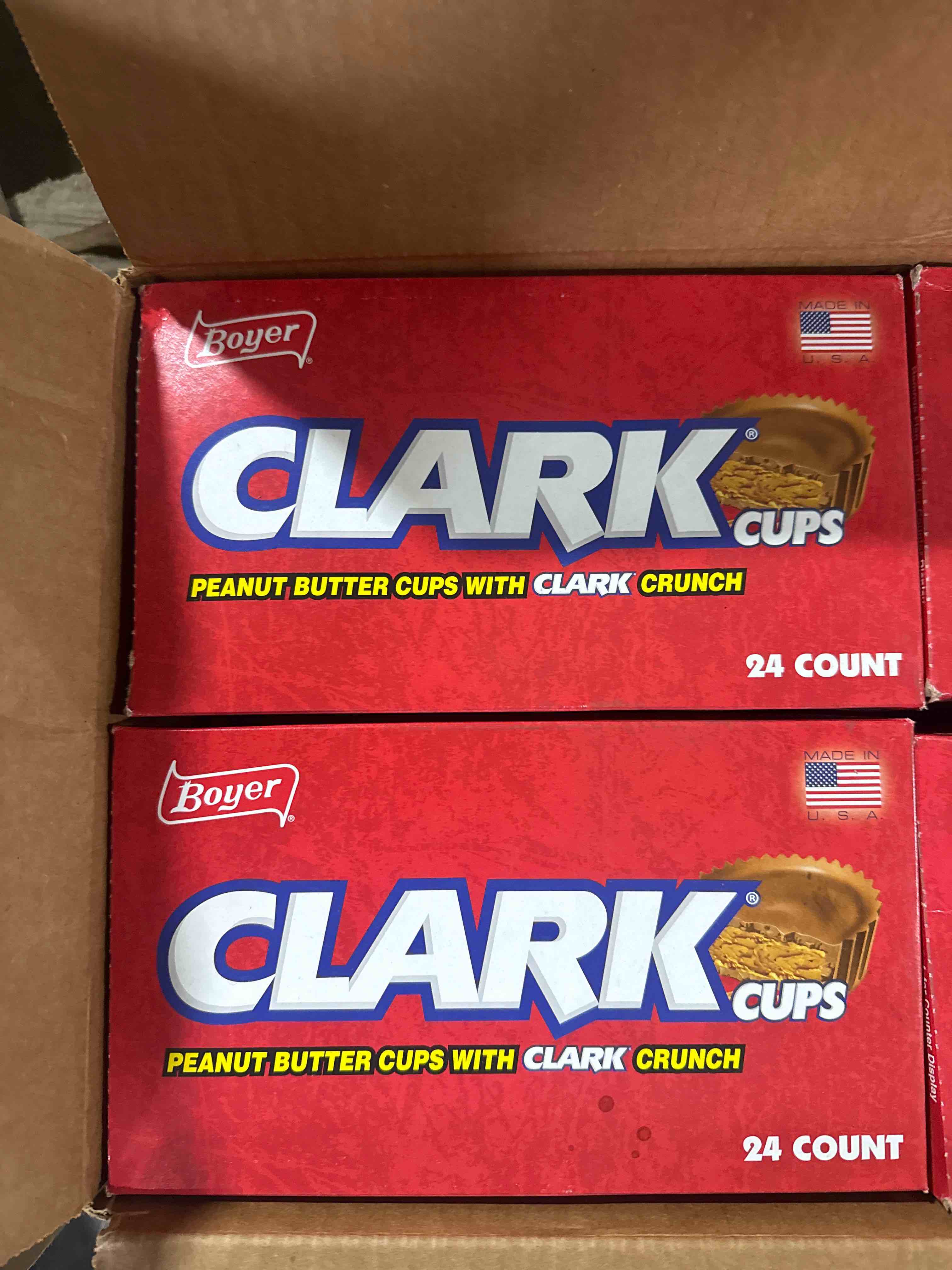 Condition photo showing Brand New for 192 count bb 05/24 clark cups peanut butter cups 1.5 oz.