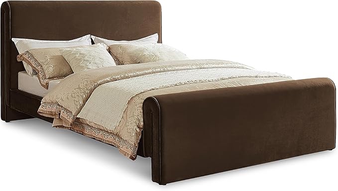 (box 2/3)meridian furniture sloanbrown-q sloan collection modern | contemporary velvet upholstered queen bed with rich soft brown velvet, curved headboard and footboard, 66" w x 96" d x 45" h, brown, queen