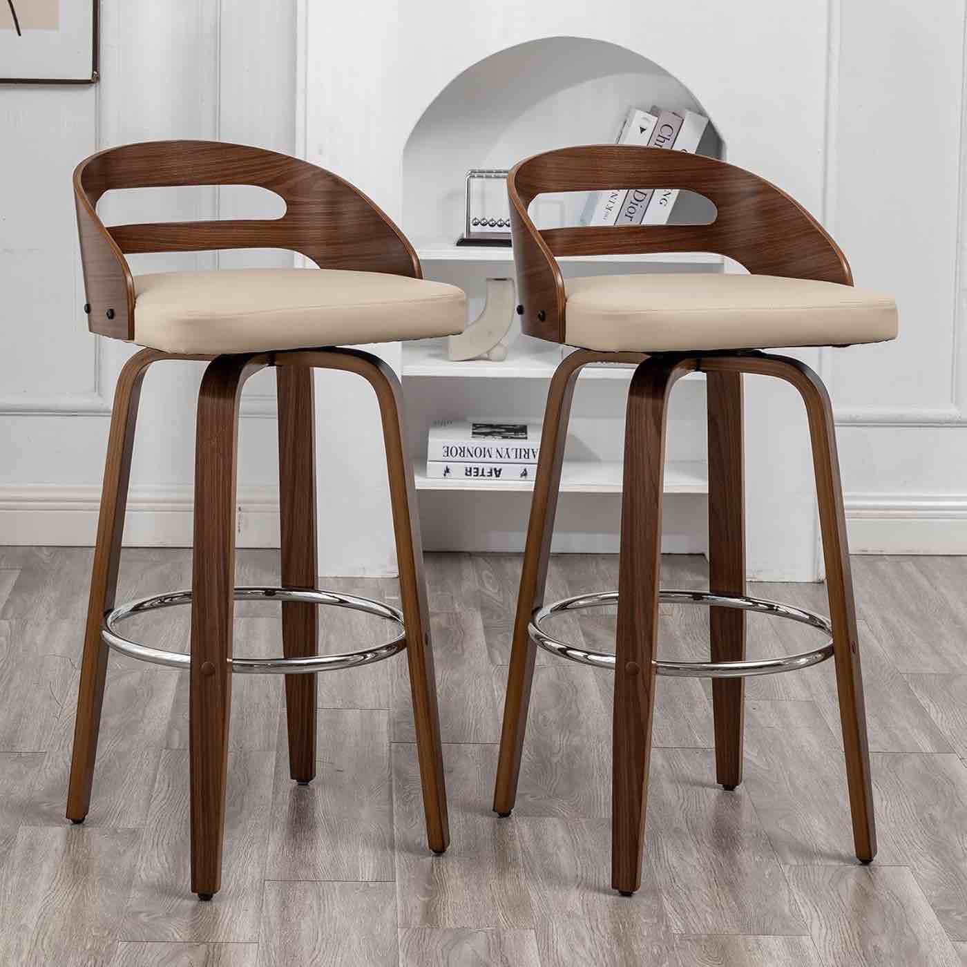Counter Stools Set of 2, Counter Height Bar Stools with Walnut Bentwood, Low Back, Upholstered Faux Leather, Soft Cushion Seat, Counter Top Stools for Kitchen/Island (Beige, 25" Seat Height)