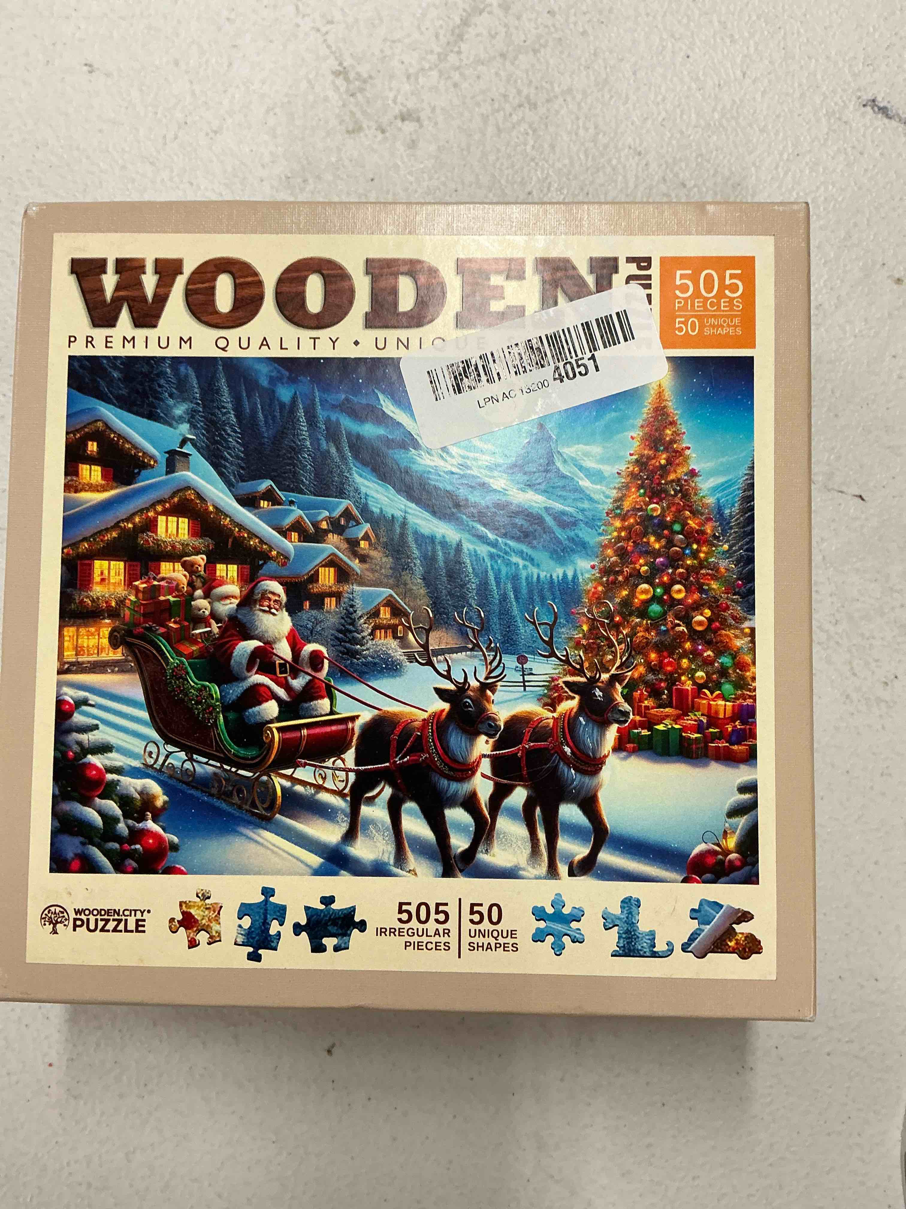 WOODEN.CITY 500-Piece Wooden Puzzle – Santa's Sleigh with 50 Christmas-Themed Shaped Pieces, 15.5 x 10.5 in – Designed and Made in The EU