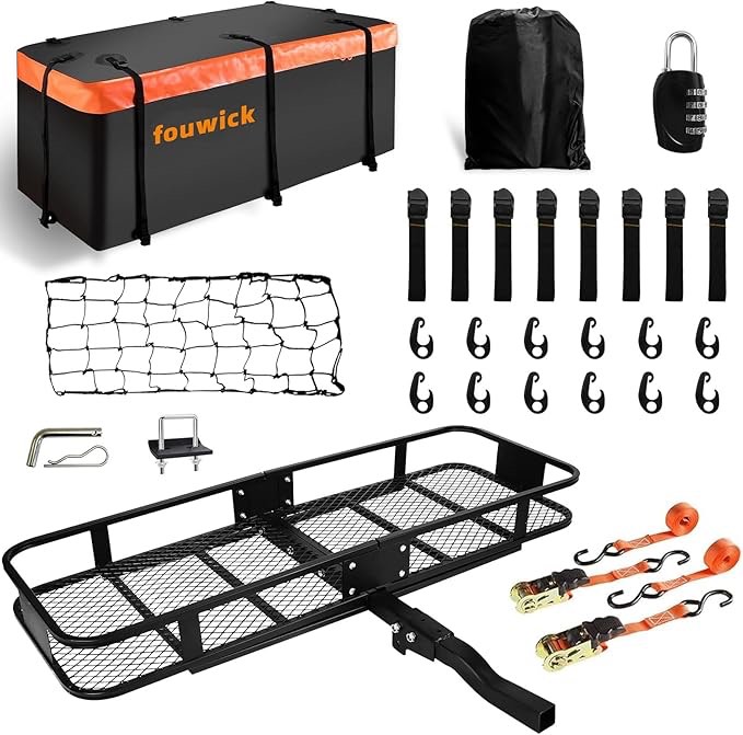 500lbs folding hitch mount cargo carrier basket 60x20x6” with 58x24x19 waterproof bag rear luggage rack basket, hitch mount for 2" receivers, powder coating, heavy duty, durable, easy assembly (incomplete) 