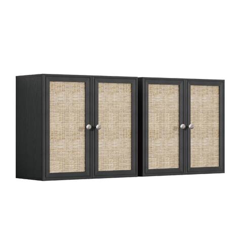 ZACHVO 24 Inches Rattan Wall Cabinet Set of 2, Black Wall-Mounted Storage Cabinets with Paper Rattan Doors, LED Lighting and Adjustable Shelves Black 