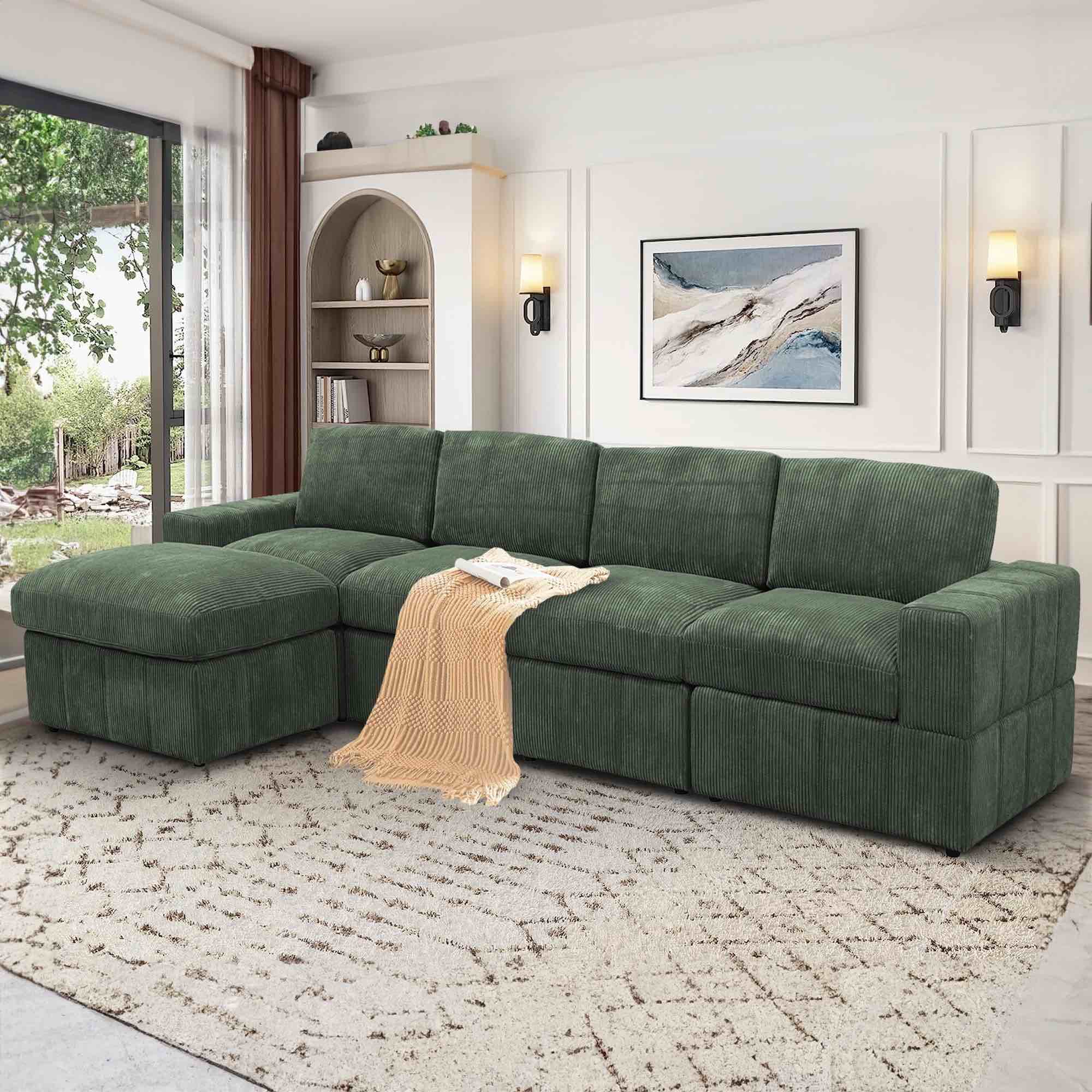 Aukfa Sectional Sofa, 138" Oversized Modular Couch with Ottoman for Living Room, Corduroy, Green (incomplete box C only) 