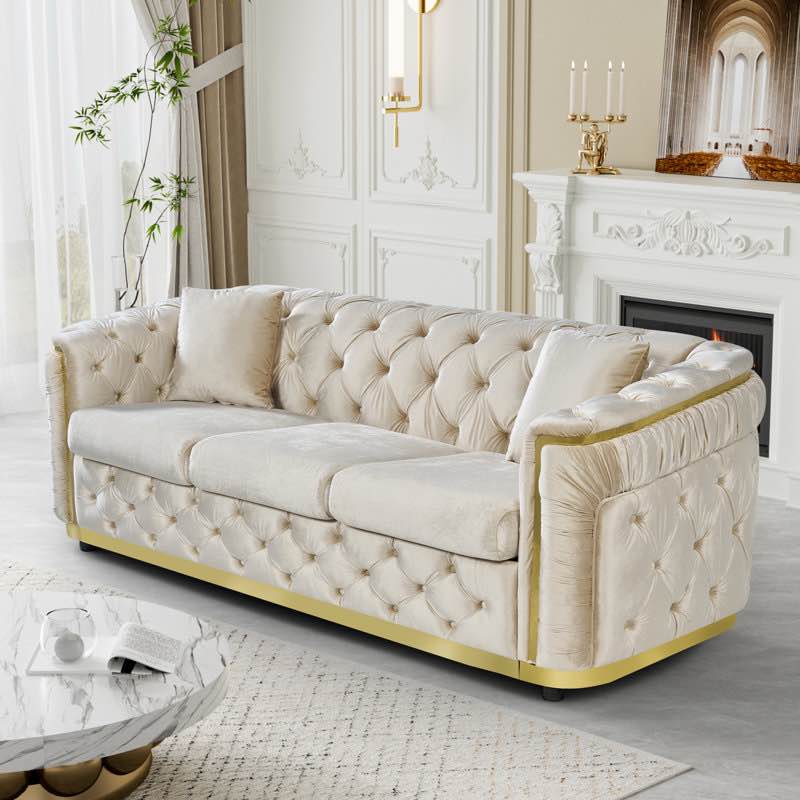 86.5" Tufted Chesterfield Sofa Velvet Couch Beige (incomplete box 1 of 2 only) 