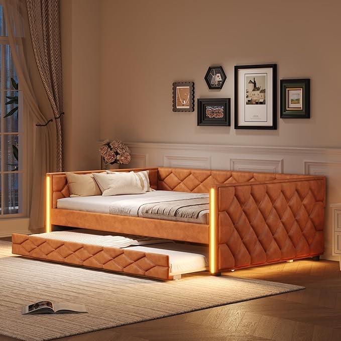 Upholstered Daybed with Trundle,Faux Leather Sofa Bed Frame with LED for Bedroom, Guest Room,No Box Spring Needed (Brown, Full XL) (incomplete box 1 of 2 only) 