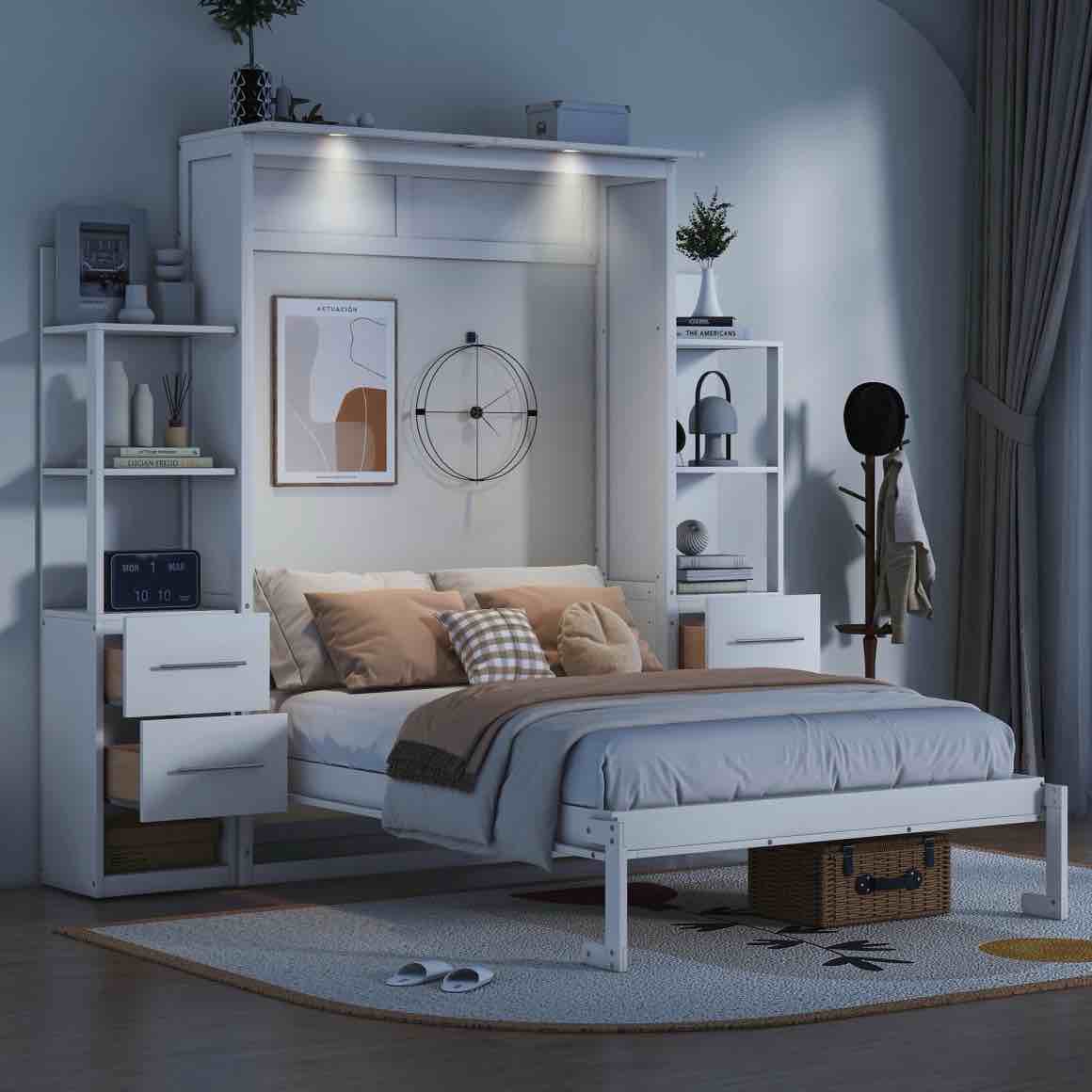 Queen Foldable Murphy Bed with 5 Shelves, 4 Drawers and LED Lights and Flexible Slats, MDF Wall Bed for Living Room, Bedroom and Guests Room, White(incomplete box 1 of 3 only) 