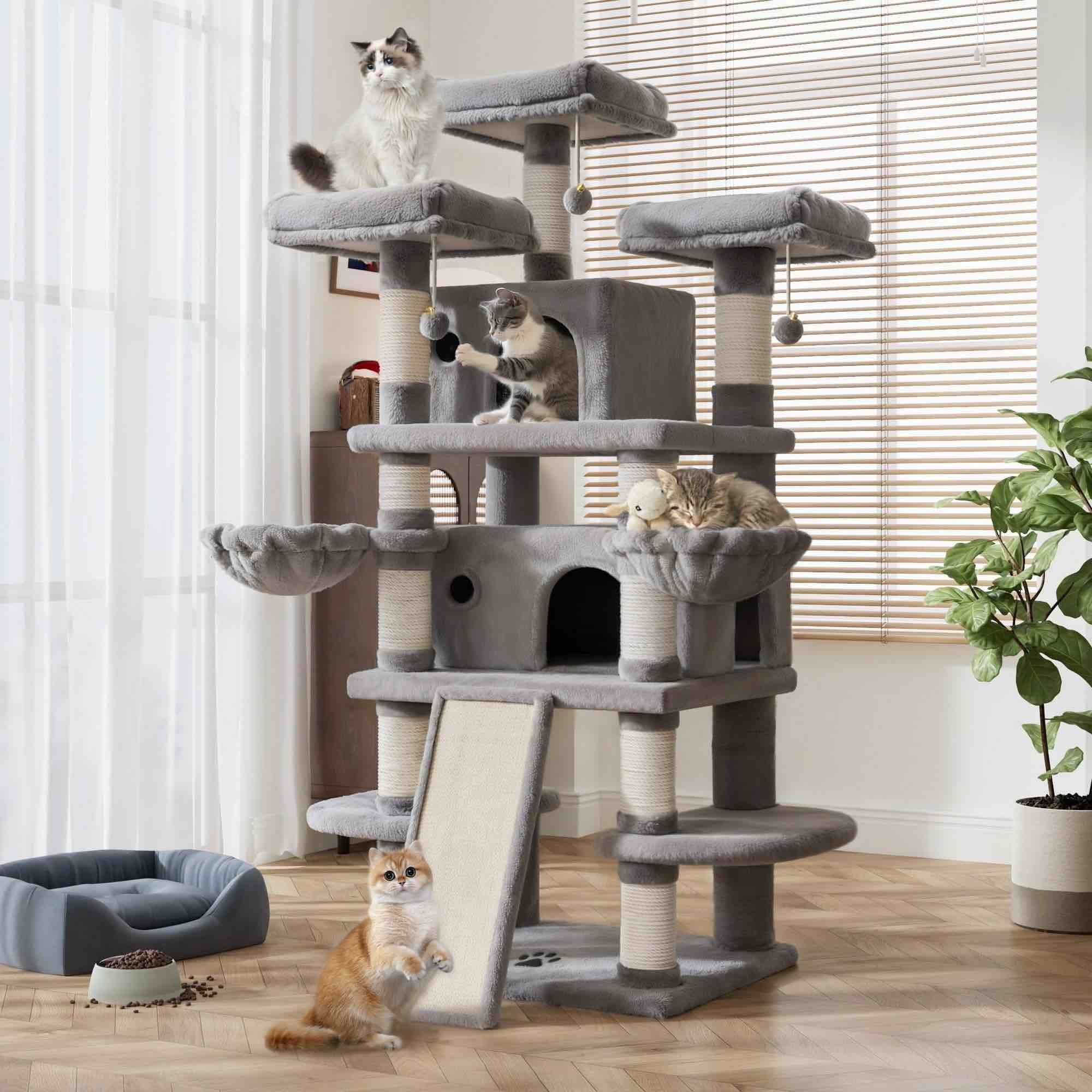 amolife 68" x-large cat tree and tower for indoor cats, condo house with scratching board & thick posts, gray