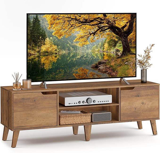 vasagle tv stand for 65-inch tvs, entertainment center with adjustable shelf, 58-inch long media console table, transitional style, for living room, bedroom, honey brown ultv556k01