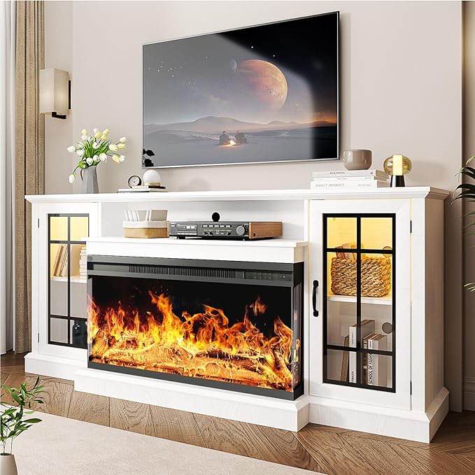 oneinmil 36 inch 3-sided glass fireplace tv stand for tvs up to 80", rustic media entertainment center console table with glass door closed storage, set of tv table, white