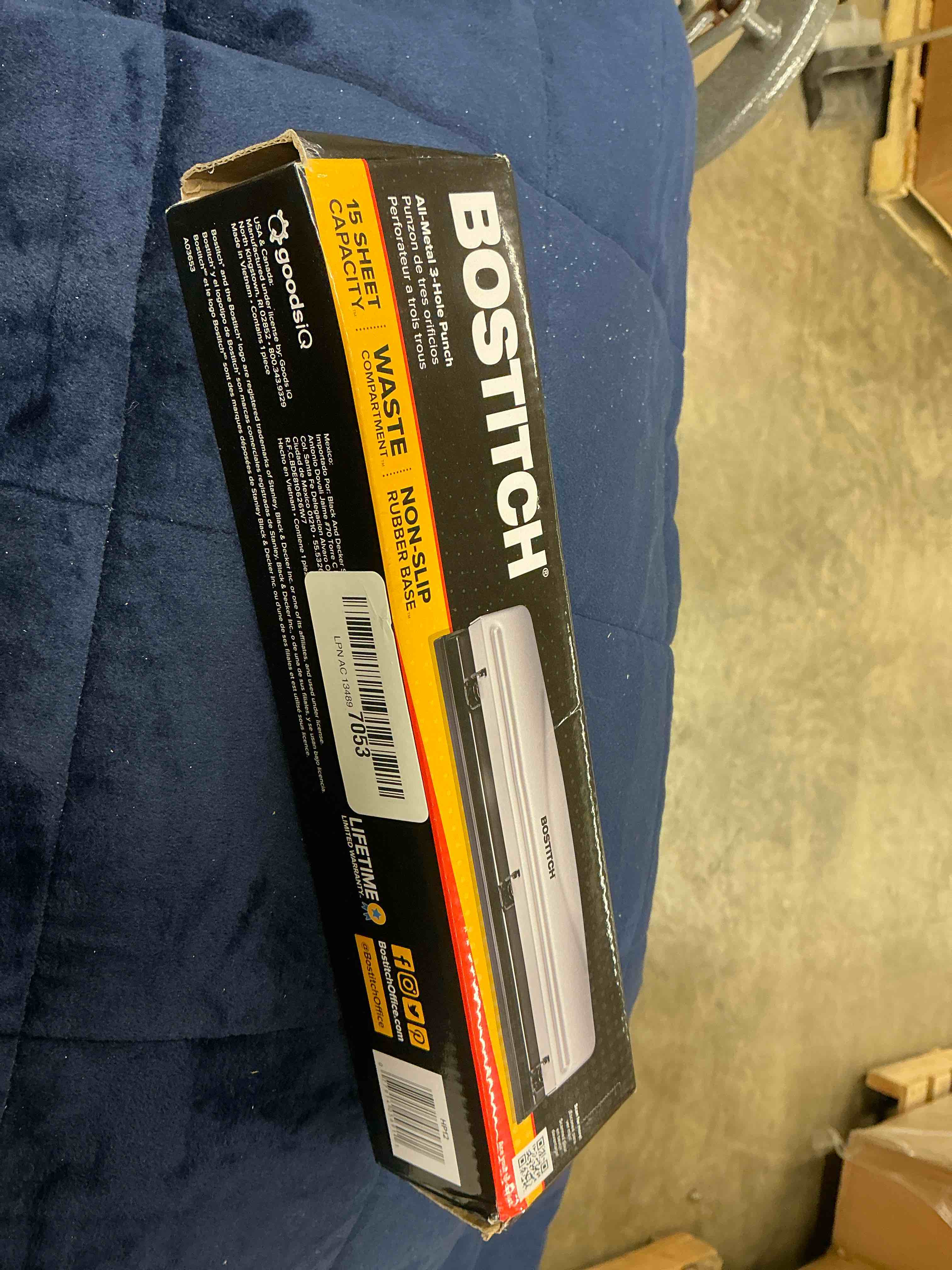 Condition photo showing New/Like New for Bostitch Office Premium 3 Hole Punch, 12 Sheet Capacity, Metal, Rubber Base, Easy-Clean Tray, Silver