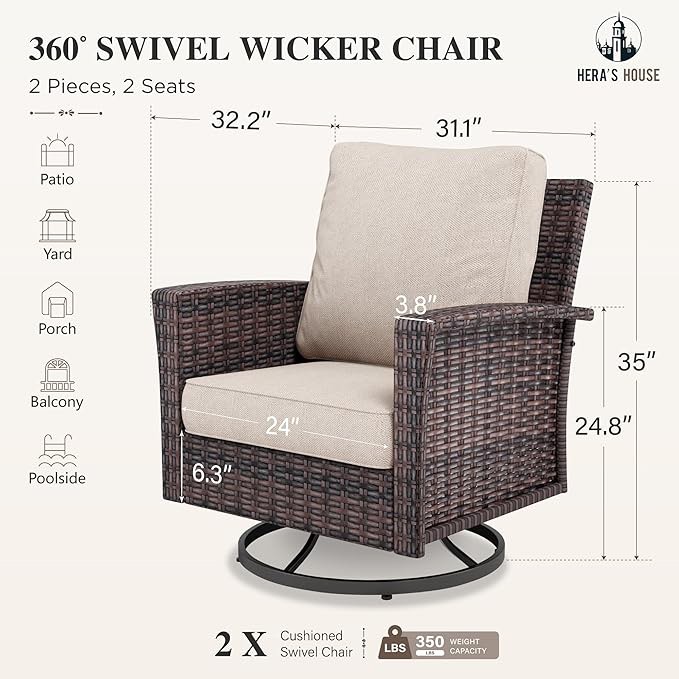 hera's house outdoor furniture, high back swivel patio chairs with 5.5" cushions wicker rattan deck balcony porch furniture, beige