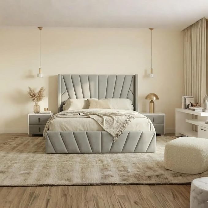 eva queen & king upholstered platform bed frame with hydraulic lift storage, heavy duty bed frame, no box spring needed, noise free, modern mid-century design (light grey, king)