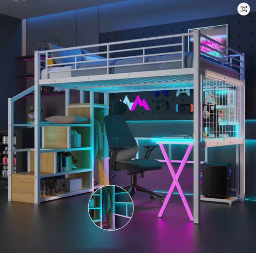 full size metal loft bed with work station, wardrobe, storage steps and led lighting, white finish (incomplete box 1 of 2) 