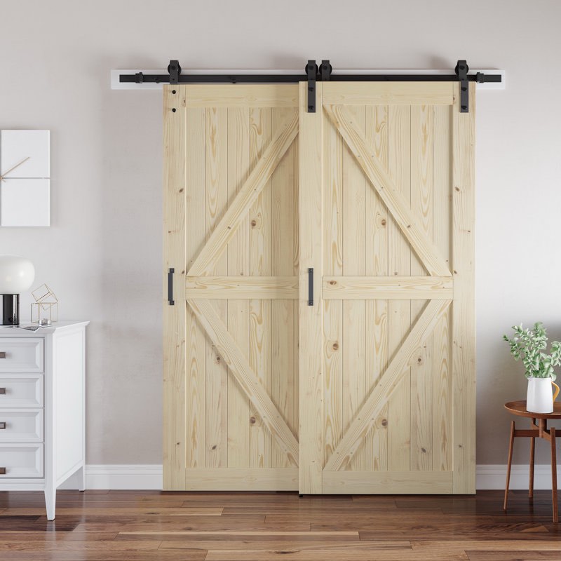 paneled solid wood unfinished sliding bypass barn door double doors with hardware kit (incomplete box 1 only) 