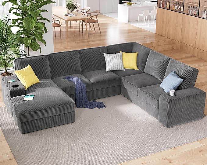 papajet u shaped couch, 112 inch oversized couch with storage chaise, sectional sofa with cup holders & 2 usb ports, corduroy grey sofa(incomplete box 2/2)
