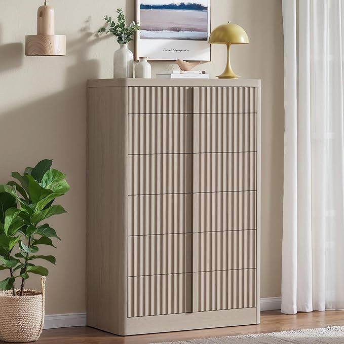 fluted dresser for bedroom, 48" tall 6 drawer dresser, modern chest of drawers with solid wood handle, curved profile design, wood dressers storage organizer,bedroom, living room, hallway, white alder