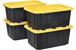 27 gallon heavy-duty black and yellow storage tote, 20.6" d x 30.6" w x 14.3" h, 4 pack (1 lid is broken) 