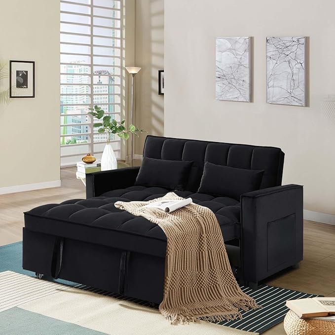 3 in 1 convertible sleeper sofa couch with pull out bed,55" velvet upholstered futon sofa bed,modern loveseat sleeper chaise with adjustable backrest for living room, guest room, apartment(black)