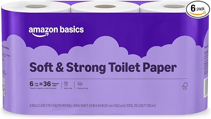 Amazon Basics Soft and Strong 2-Ply Toilet Paper, 6 Ultra Rolls = 24 Regular Rolls, Unscented, 340 Sheet (6 Rolls)