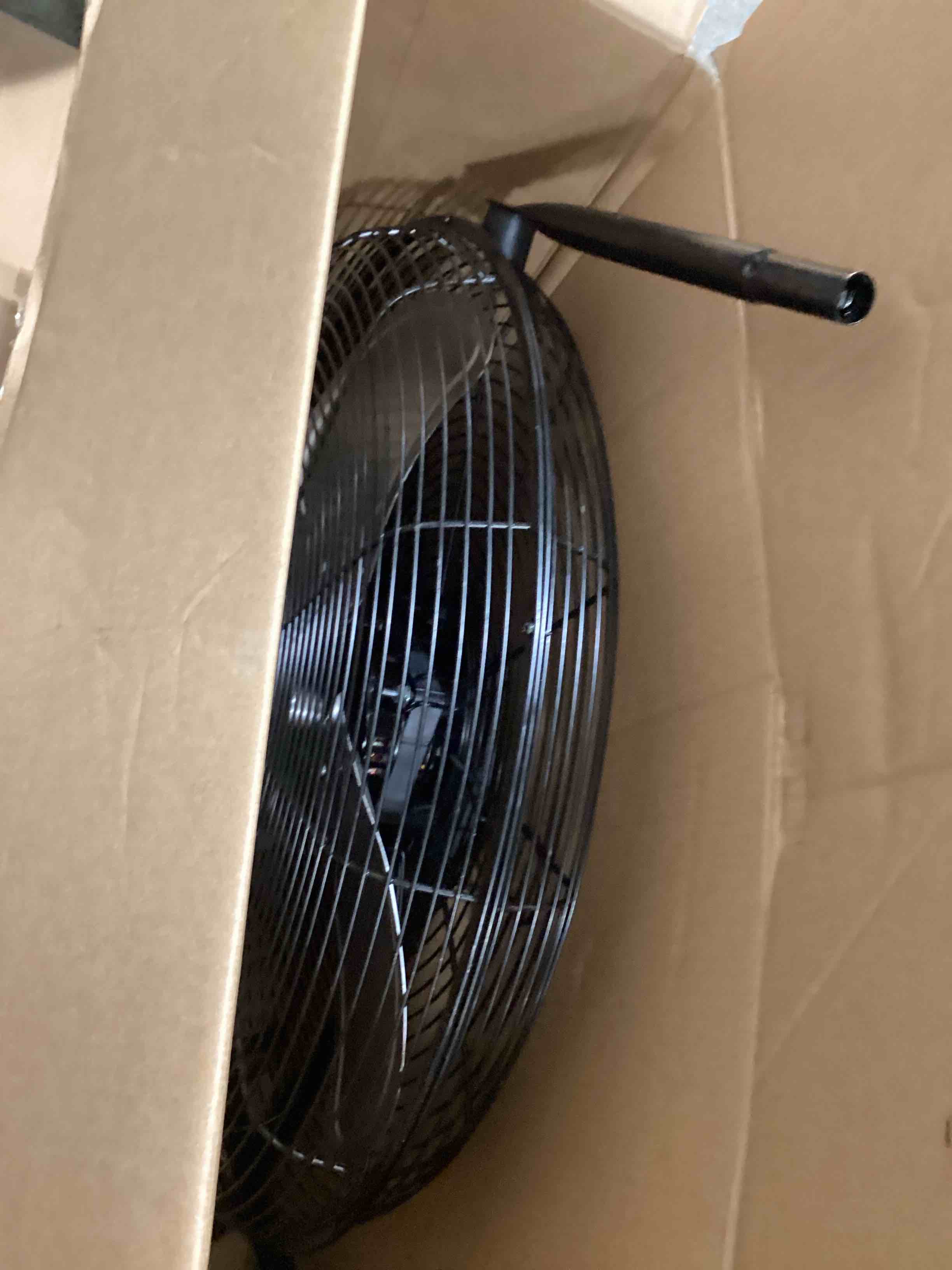 Condition photo showing As Is for missing pieces. does not work. utilitech 20-in 120-volt 3-speed high velocity indoor black floor fan