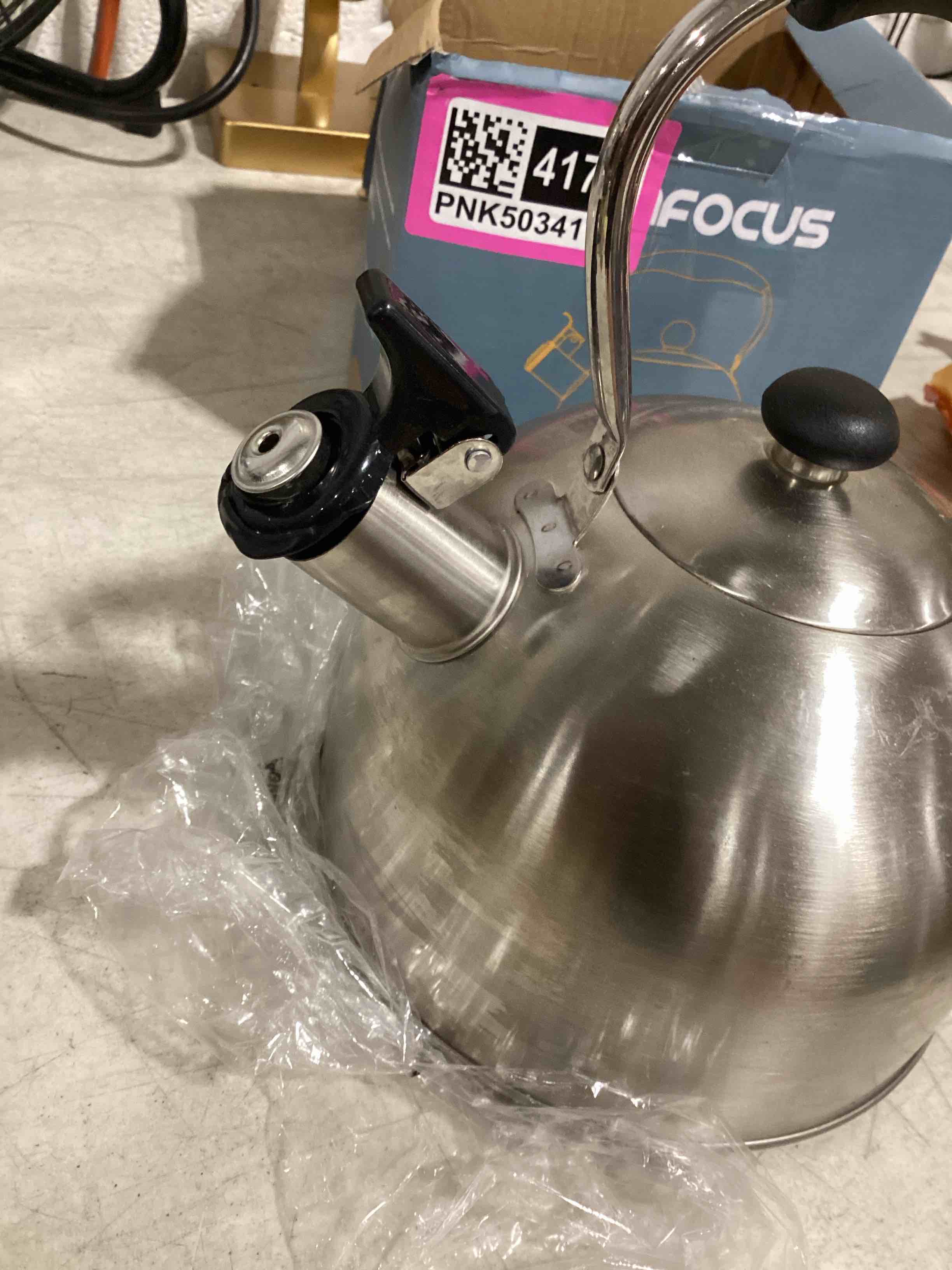 Condition photo showing As Is for tea kettle, 2 quart stainless steel whistling tea kettle, stovetop whistling teakettle tea pots for stove top with ergonomic folding handle, small teapot, water boiler for tea, coffee (silver)