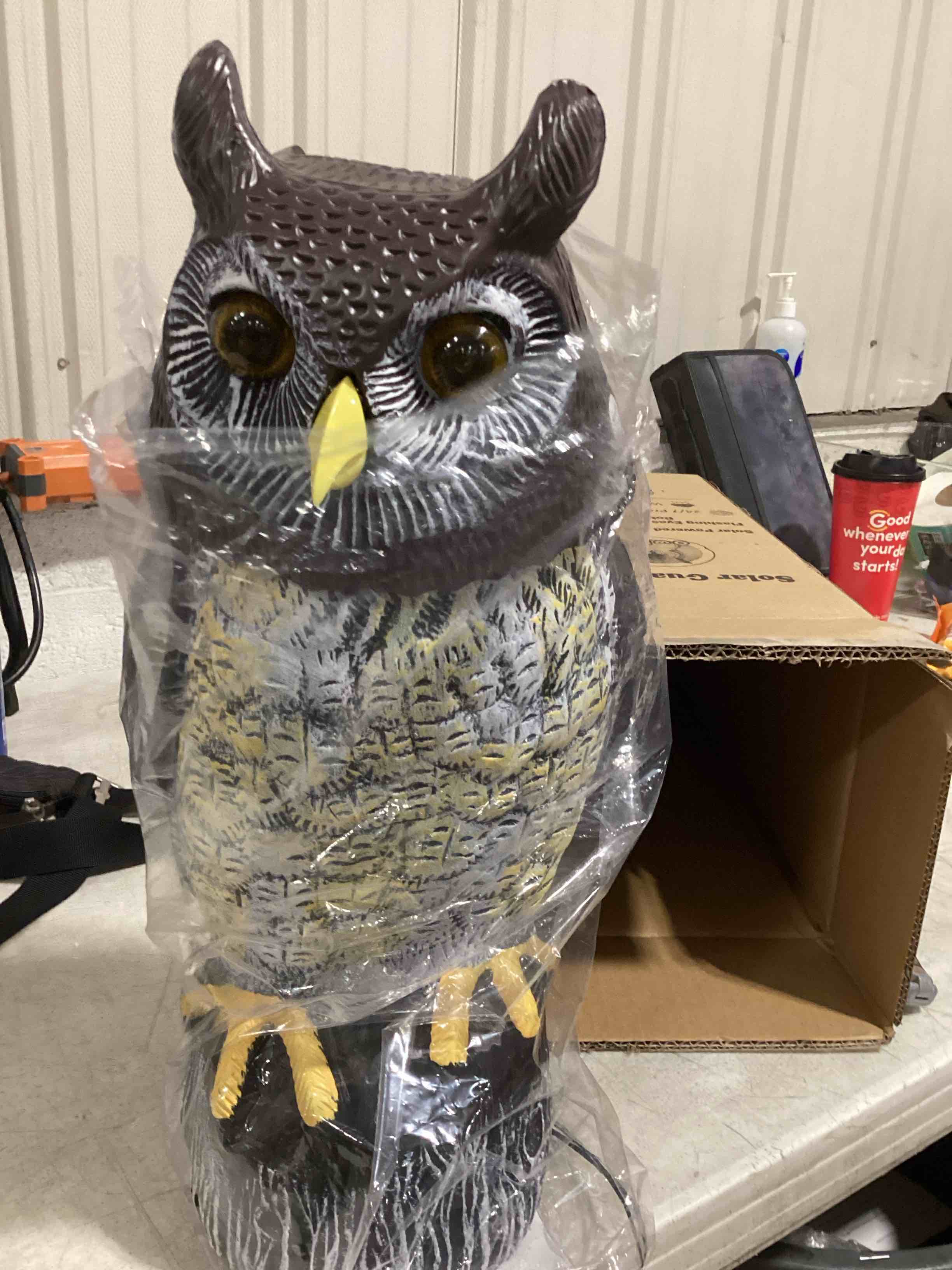 Condition photo showing Good Condition for large solar owl with motion detector, flashing eyes, spinning head, realistic hooting and silent mode, garden owl, outdoor statue, decoration for home, garden, patio and fence