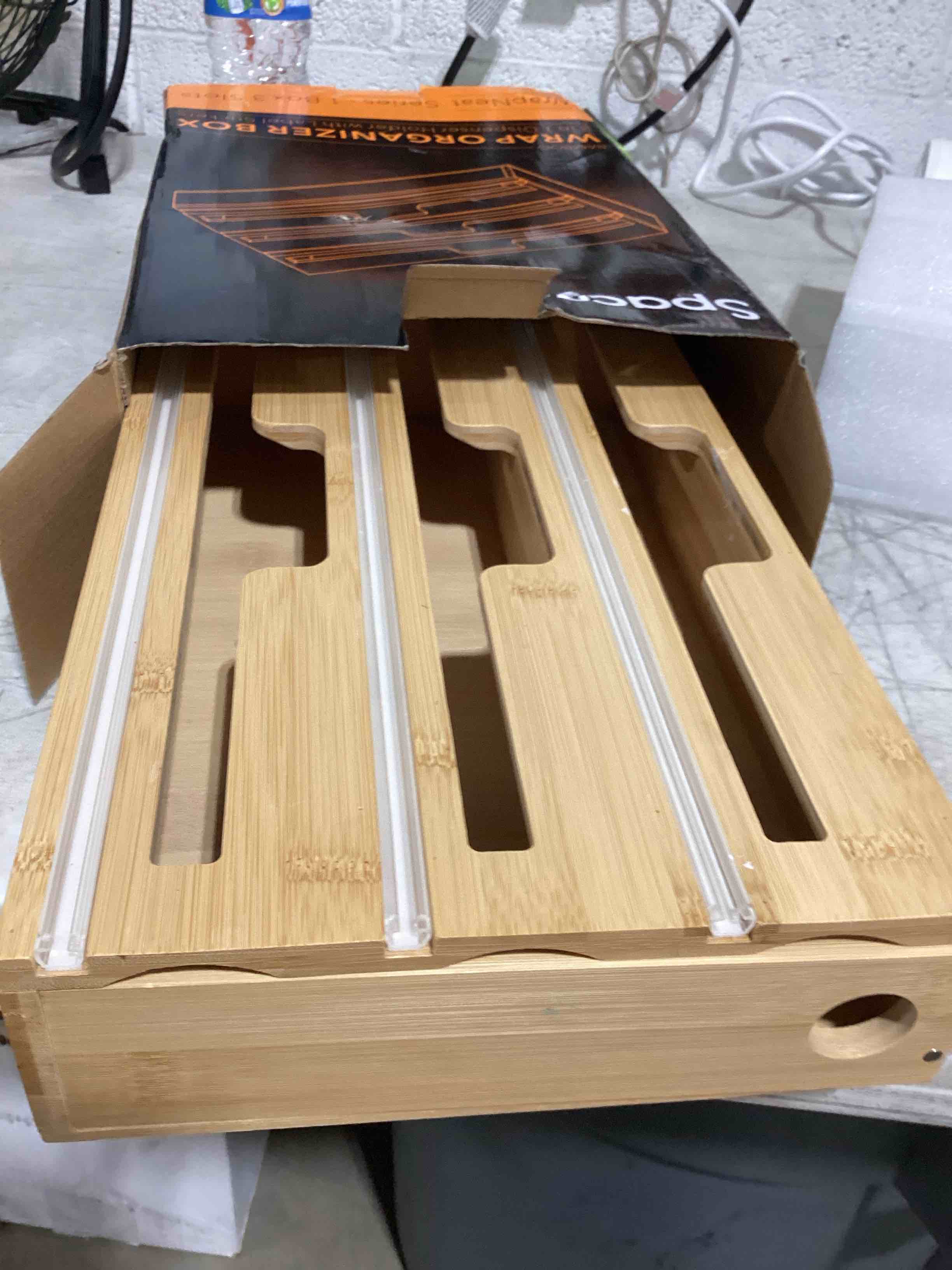 Condition photo showing Good Condition for spaceaid wrapneat 3 in 1 wrap organizer with cutter and labels, plastic wrap, aluminum foil and wax bamboo dispenser for kitchen storage organization holder for 12" roll (natural) 3-slot, 3"tall 01 natural
