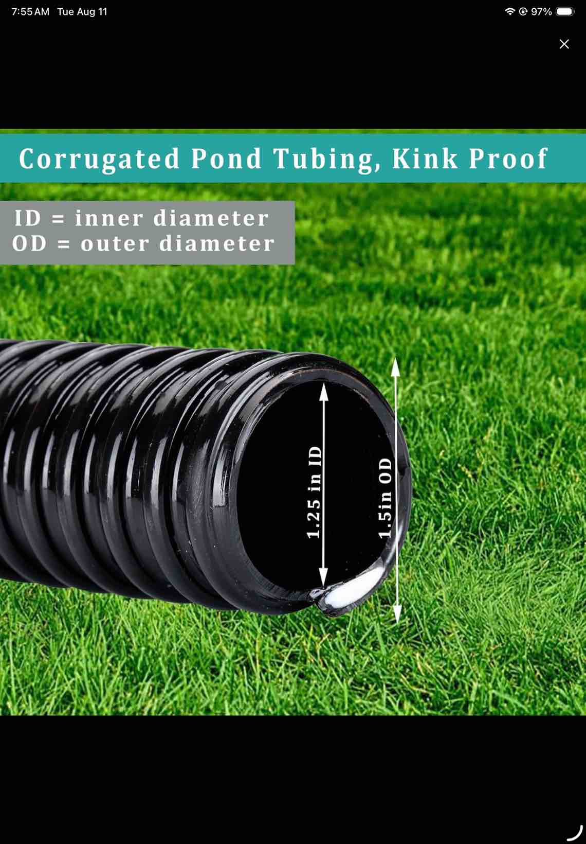 pond hose 1-1/4\"id × 50ft black corrugated flexible pump tubing & 2 clamps | reinforced water hose vinyl tubing for sump pump pond fountain garden waterfall, non-toxic & kink-proof (1.25in - 50ft) 50 feet 1-1/4 inch