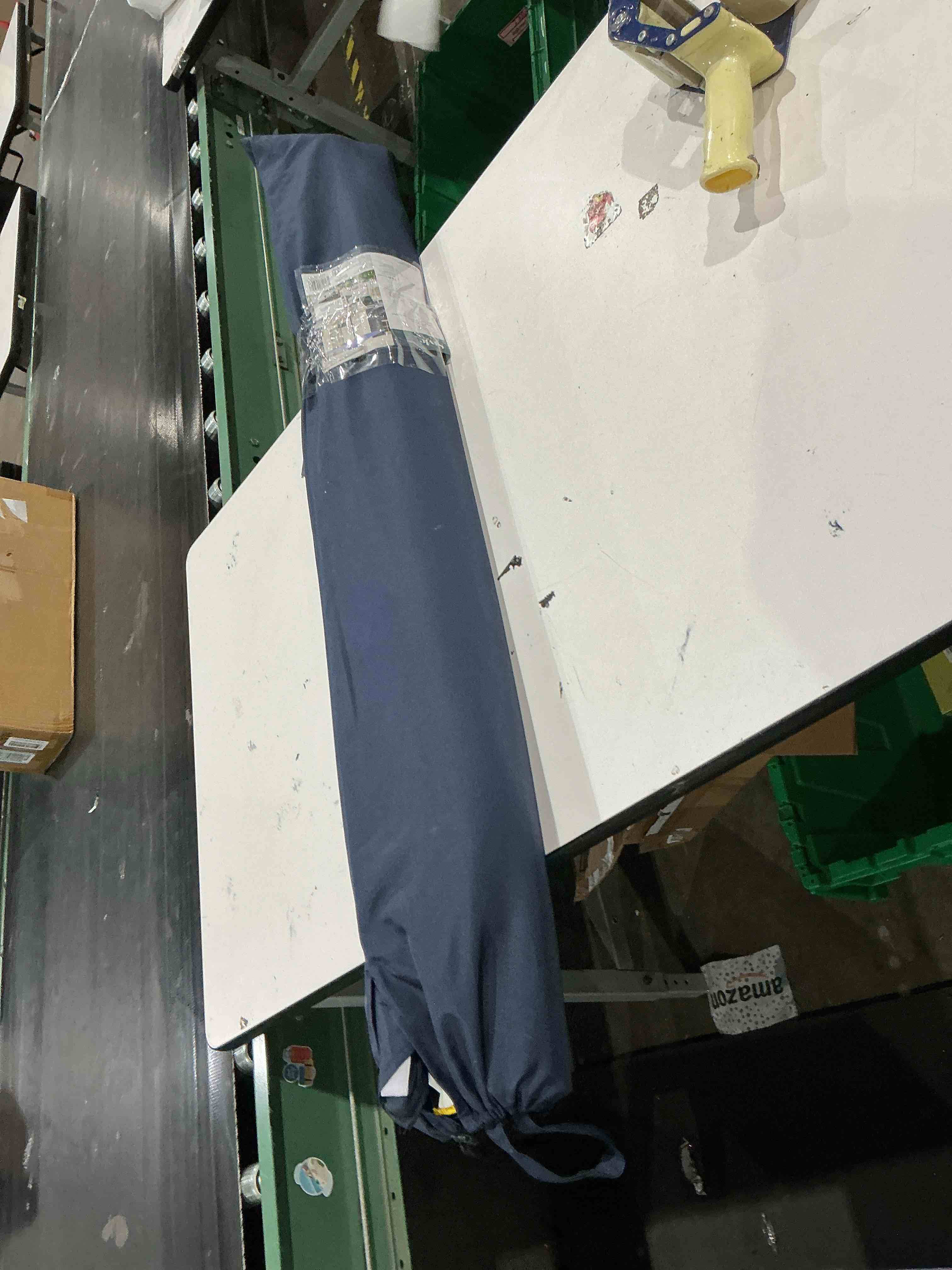 Condition photo showing As Is for style selections 7.5-ft steel blue push-button tilt market patio umbrella