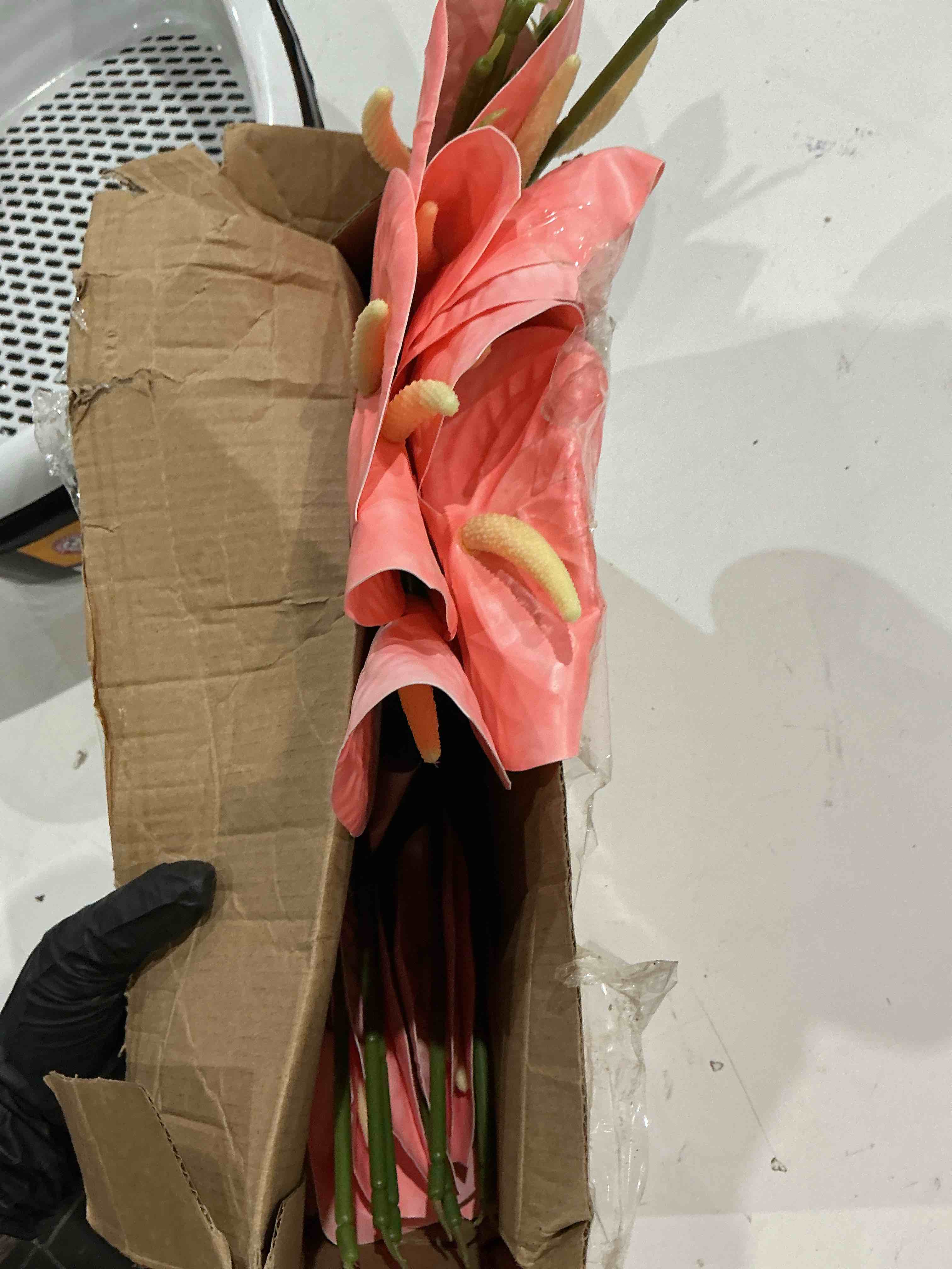 Condition photo showing As Is for hanaive 20 pcs artificial anthurium flowers 23.6 inch fake anthurium flowers for diy vase bouquets centerpiece arrangements wedding bridal shower party home decor(pink) pink 20