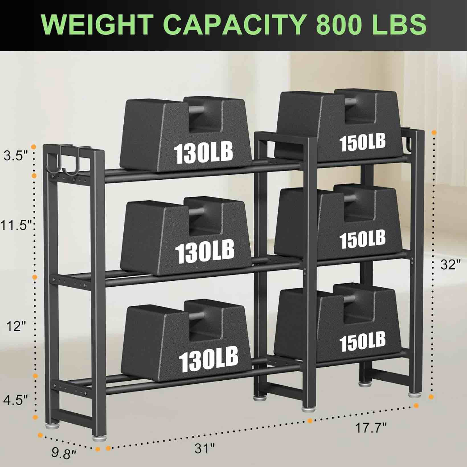 800lbs capacity multifunctional home gym storage rack with side hooks, heavy duty adjustable weight storage rack for dumbbells kettlebells yoga mat, space saving workout equipment storage organizer