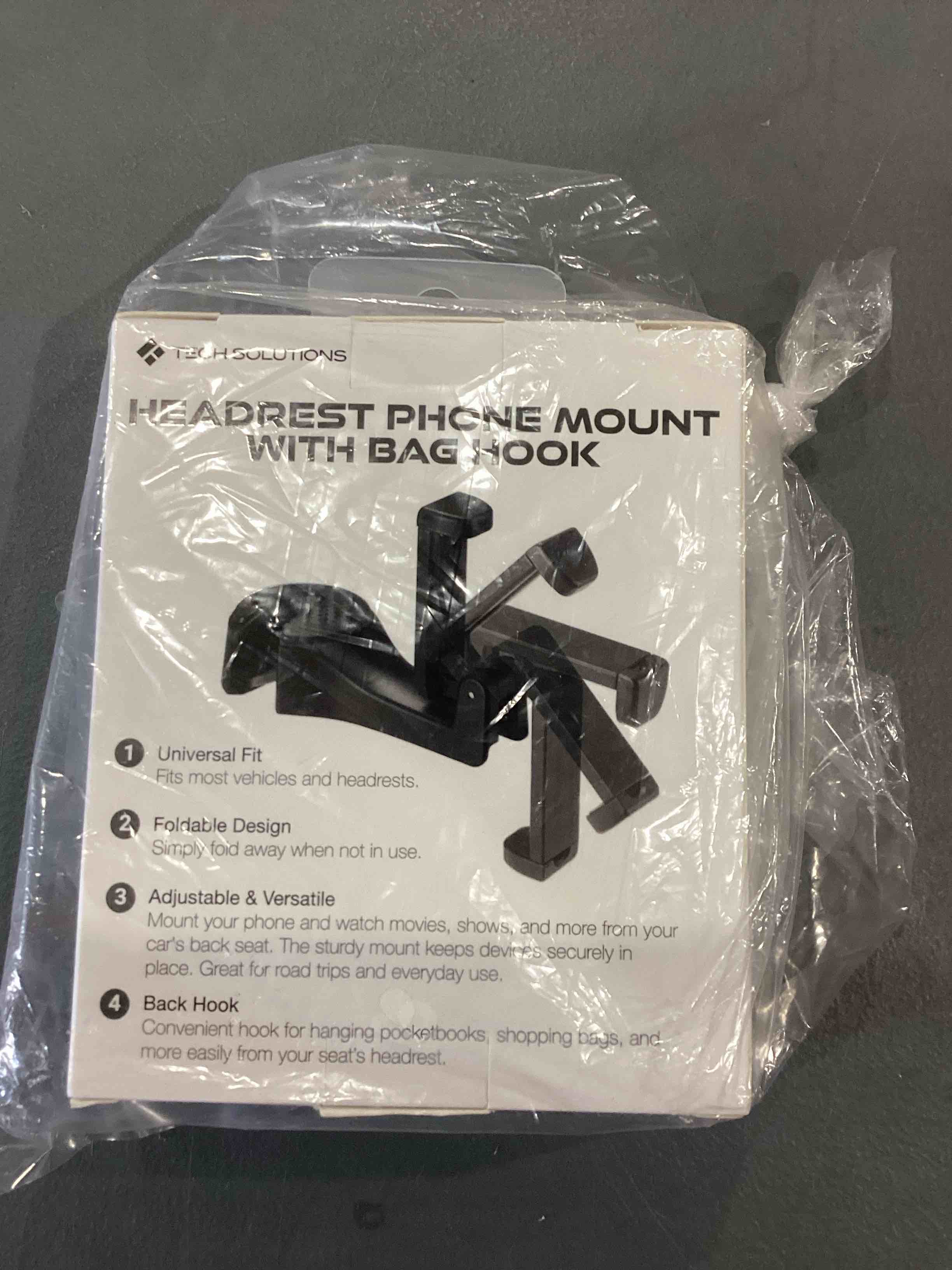 Condition photo showing New/Like New for headrest phone mount with bag hook