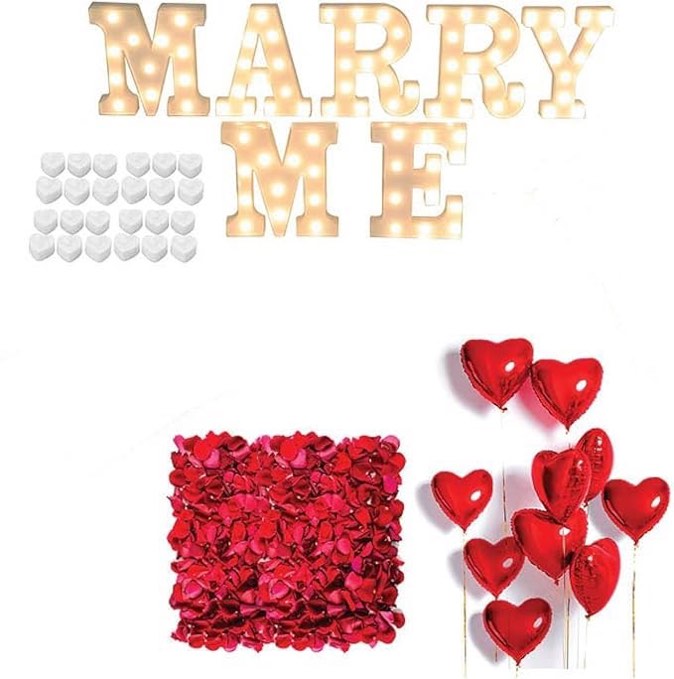 proposal decorations kit, marry me light up letters, 2000 rose petals, 24 heart shaped romantic candles, 10 red heart balloons