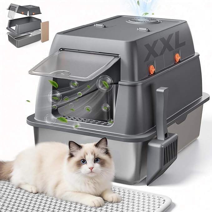 xxl stainless steel cat litter box with lid, high sided enclosed covered litterbox, activated carbon odor control, extra large metal cat box with bags