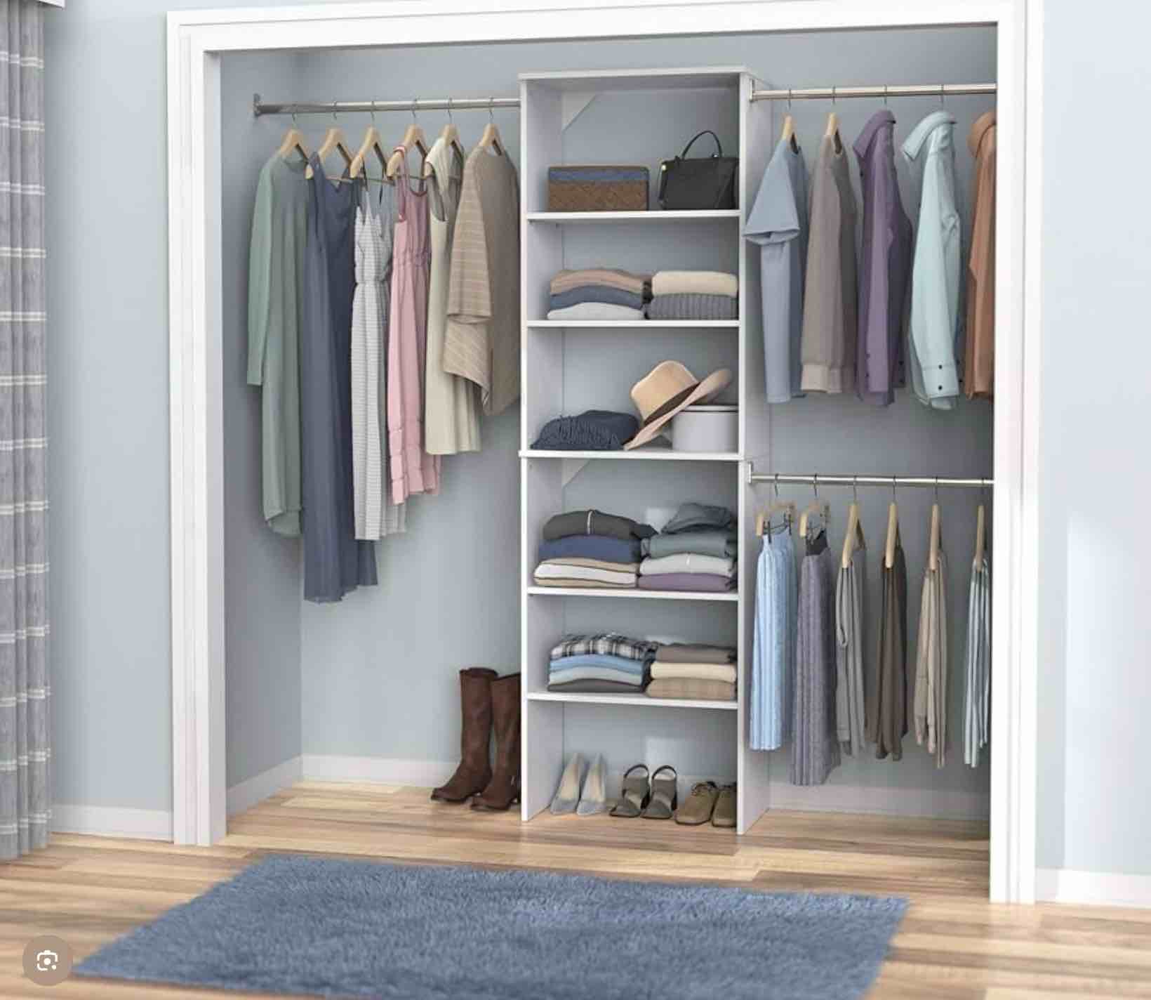 ClosetMaid SuiteSymphony Wood Closet Organizer Starter Kit Tower and 3 Hang Rods, Shelves, Adjustable, Fits Spaces 5 – 10 ft. Wide, Pure White, 25"