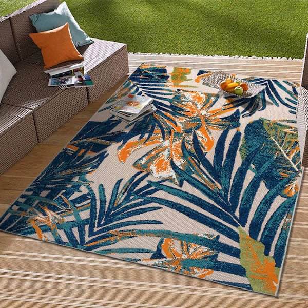 Multi 10 ft x 14 ft. Floral Leaves Indoor/Outdoor Area Rug