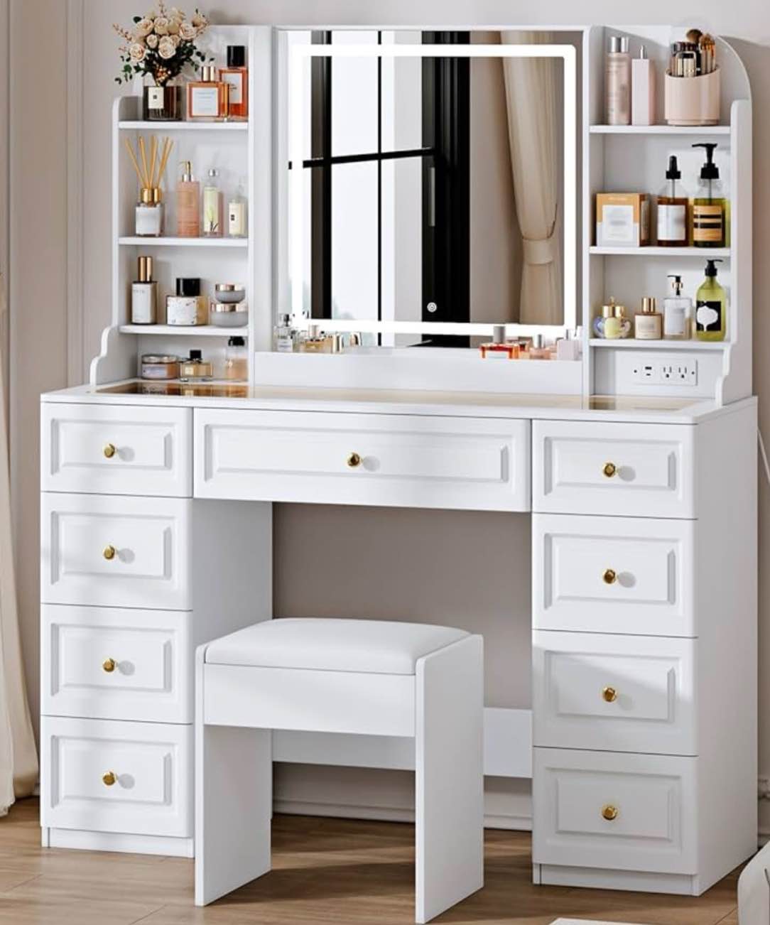 arulvmrn 43" makeup vanity desk with mirror and lights, & power outl, glass top big vanity table wit