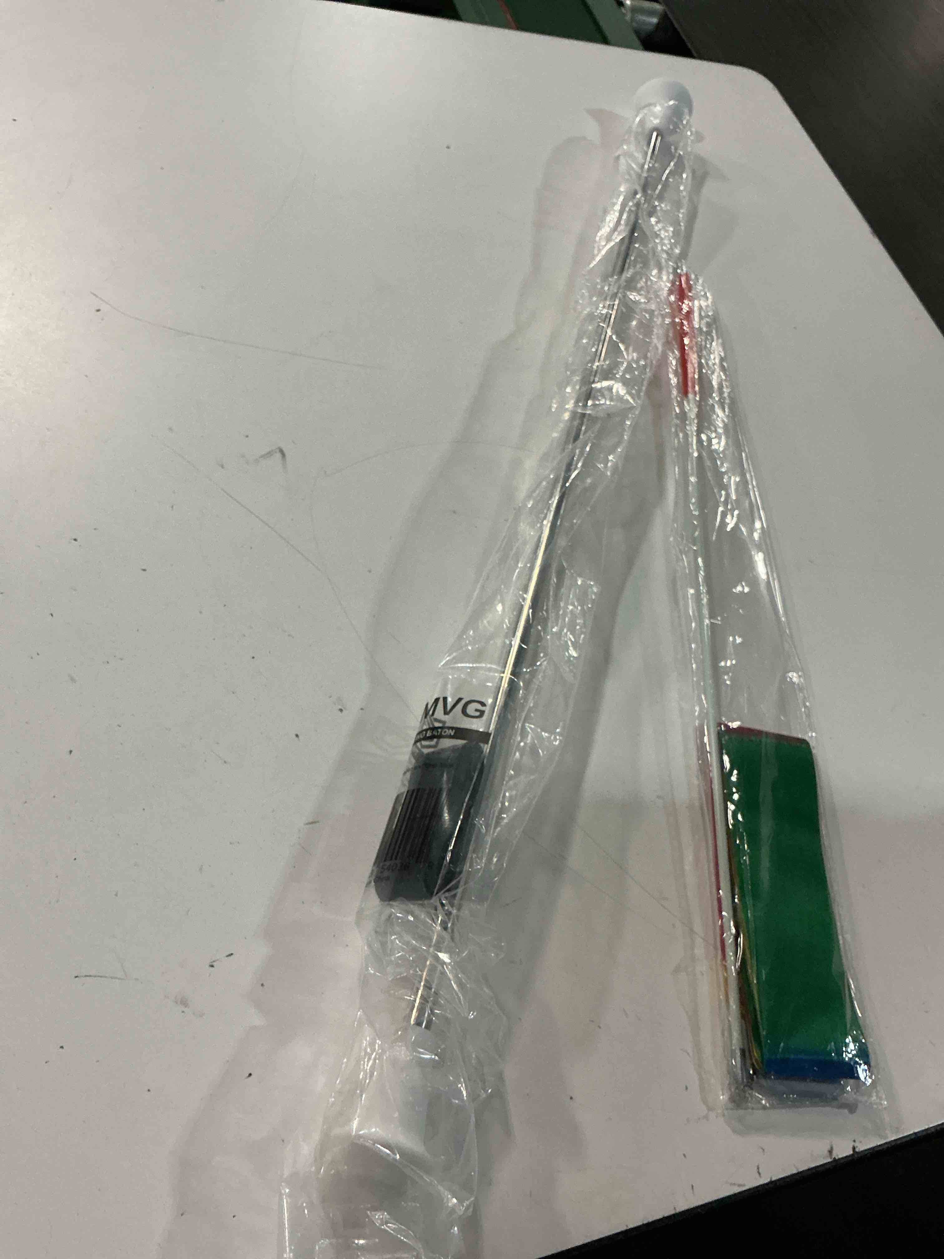 Condition photo showing Good Condition for mvg twirling marching baton 28 in stainless steel rubberized ends mini shaft 3/8 with dancing ribbon. adult baton.