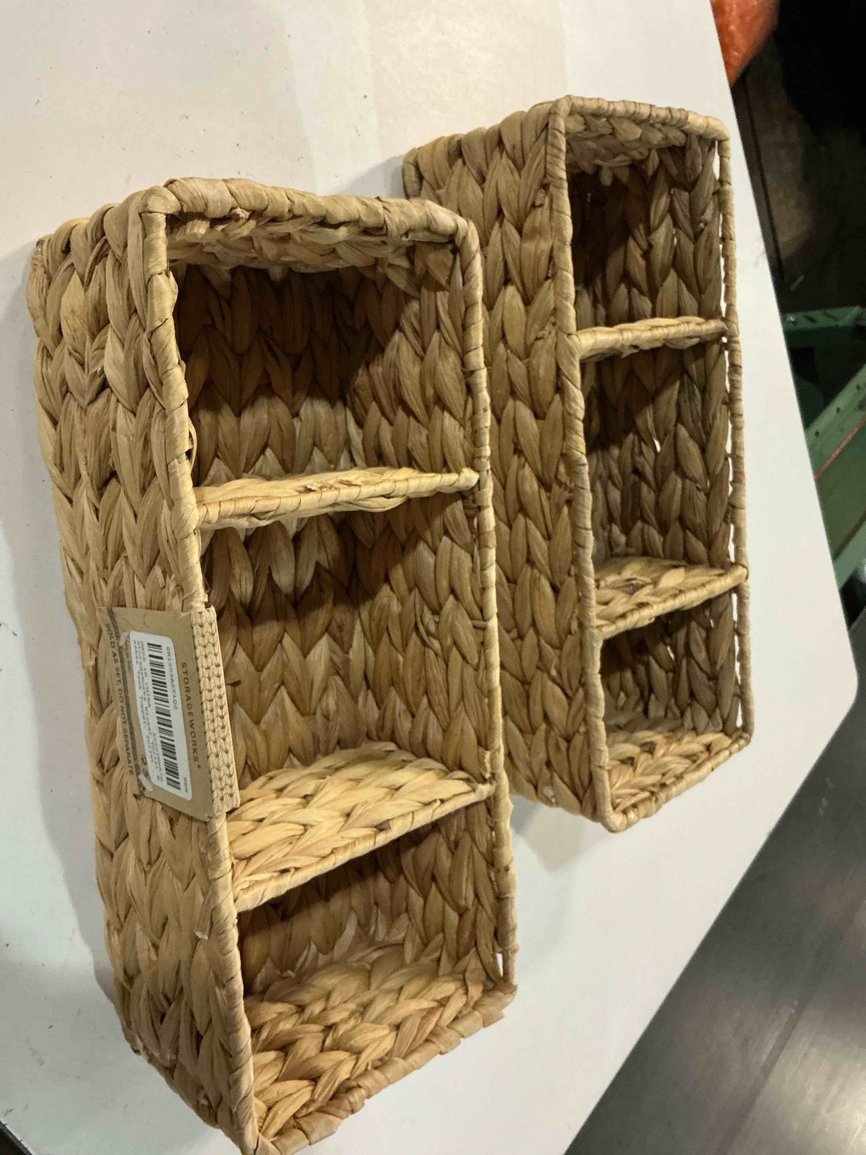 Condition photo showing Good Condition for storageworks wicker basket tank topper, wicker storage basket for shelves, toilet paper basket for back of toilet tank top, 3-section water hyacinth storage baskets, 2-pack natural(water hyacinth)