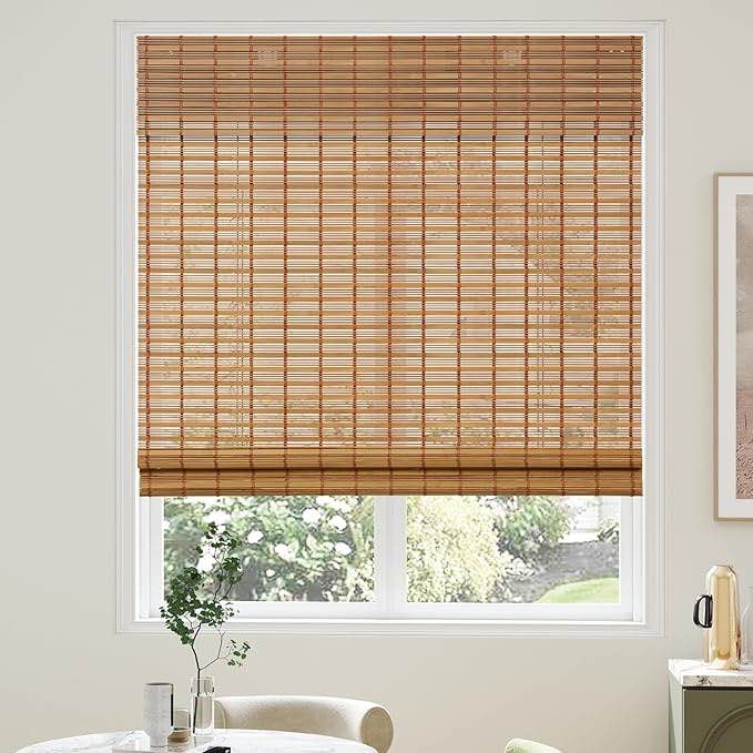 agesisi bamboo roman shades with valance cover, cordless blinds for indoor windows, light filtering woven wood shades for home & patio, privacy protection, 20" w x 64" h, carbonized